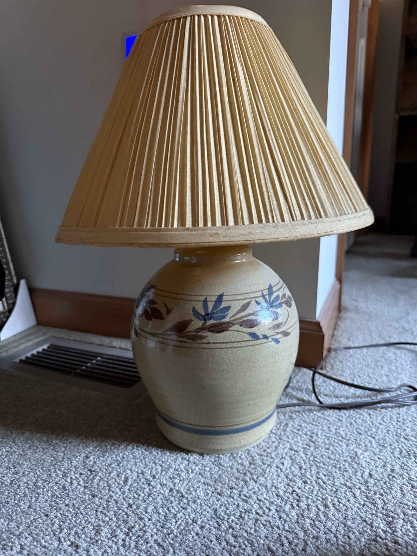 Blue-brown pottery-style ceramic lamp with pleated shade - image 2 of 5