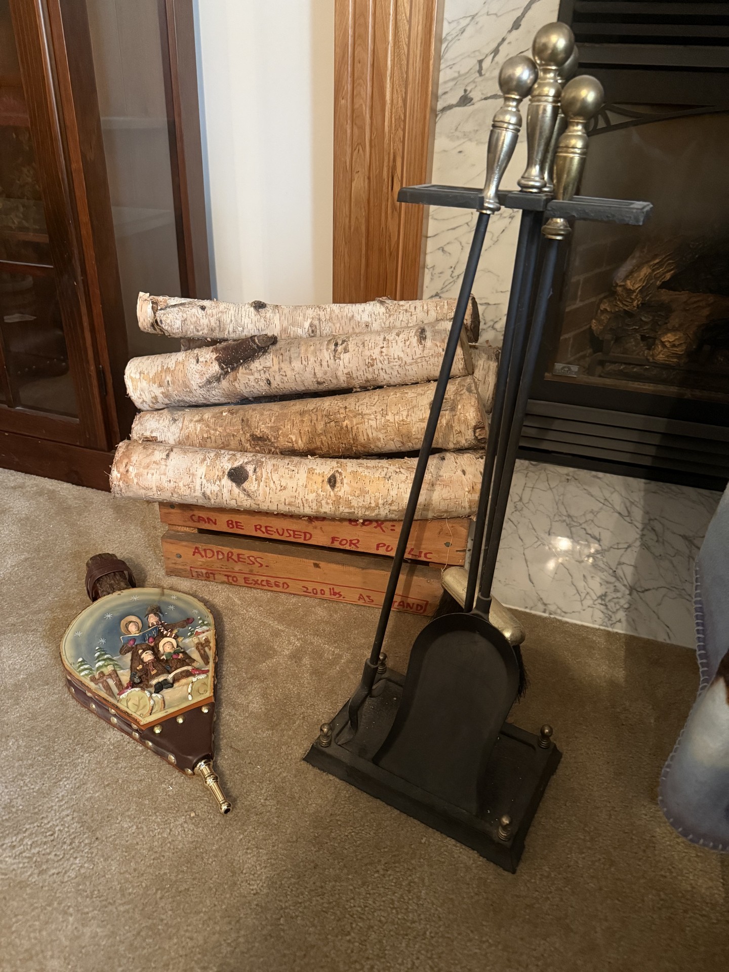 Birch log bundle with fireplace tools and vintage decorations - image 1 of 13