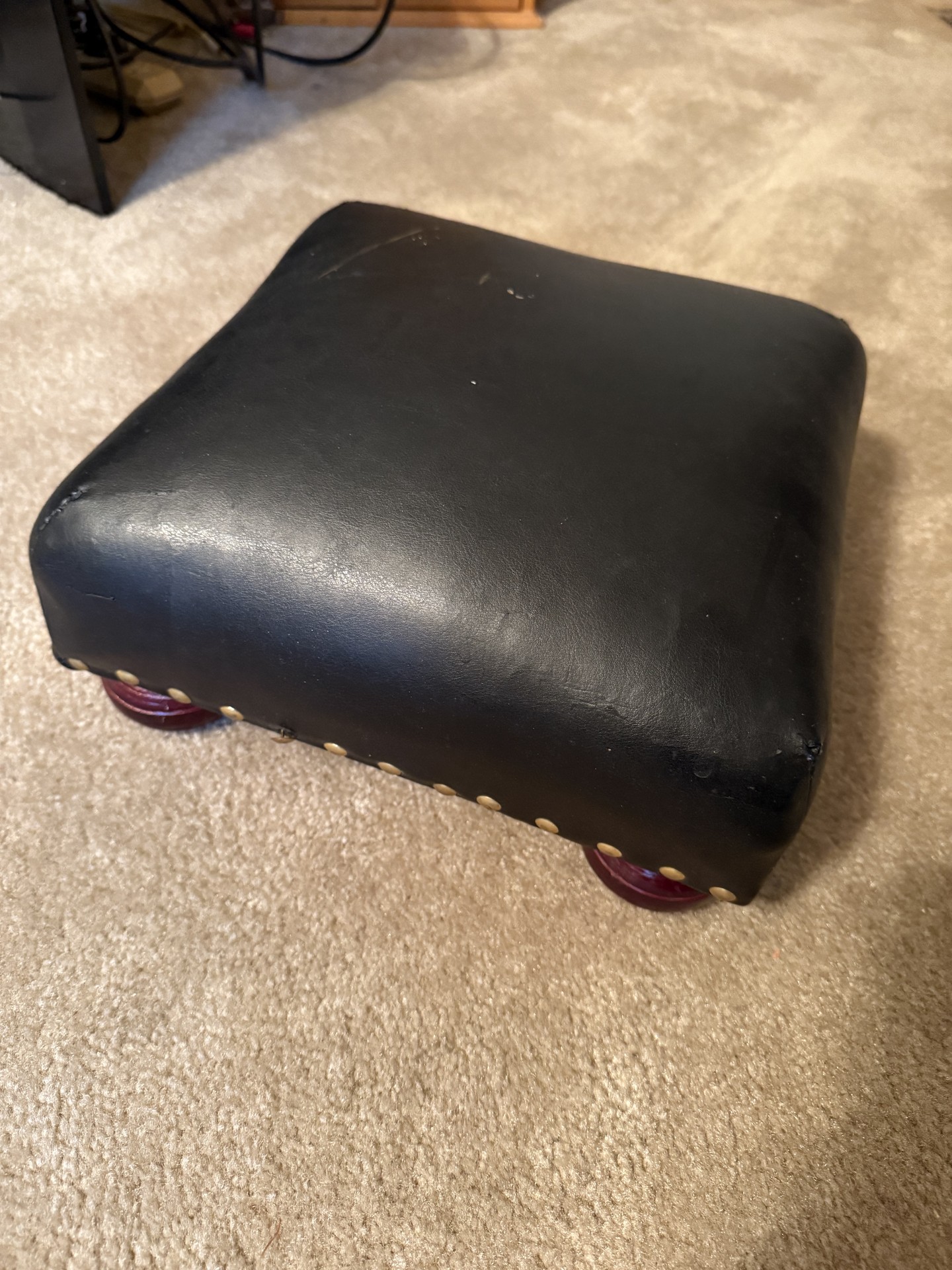 Square black leather-top stool with wooden ball feet - image 6 of 9