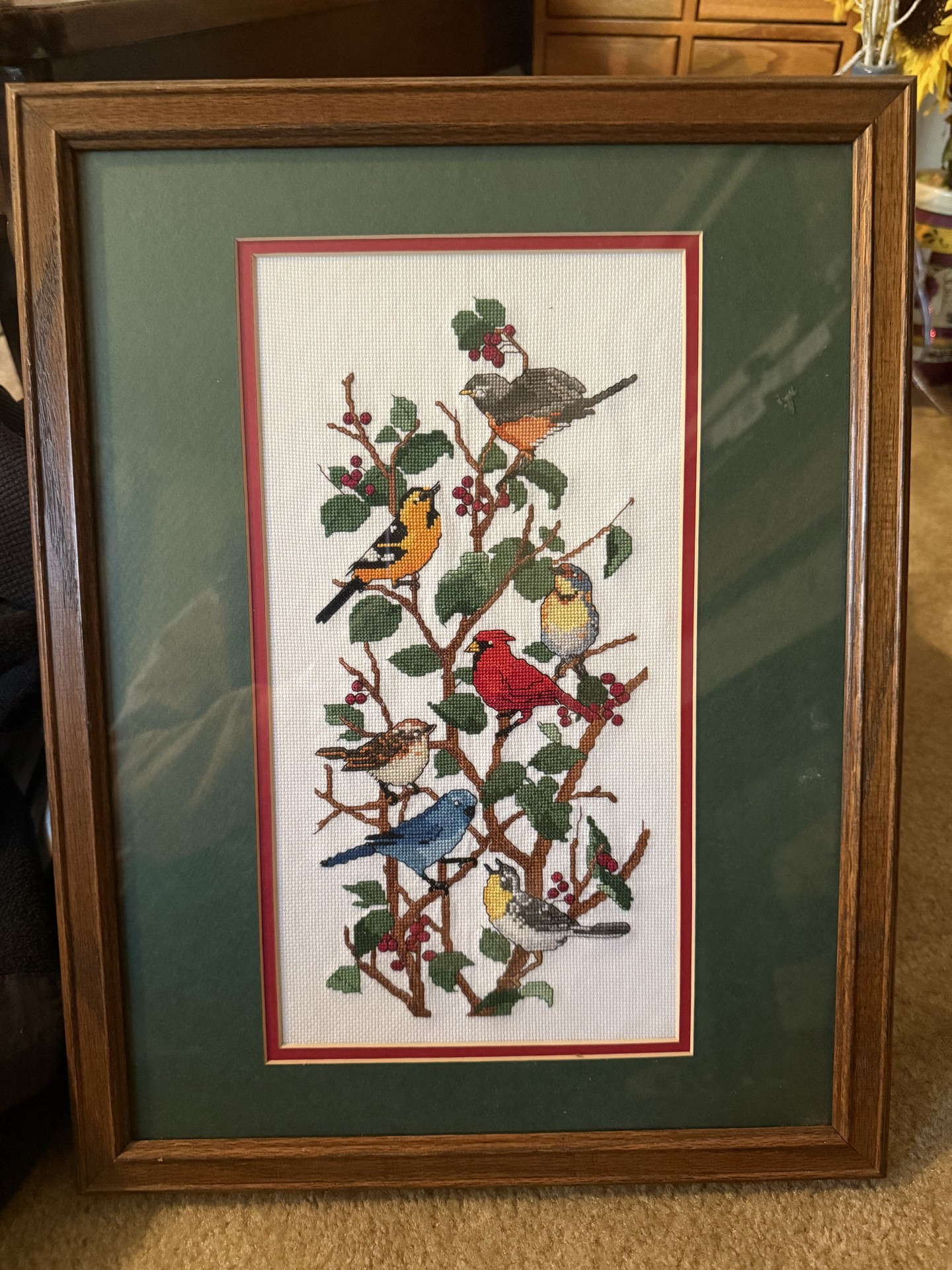 Framed cross-stitch birds on a tree - image 1 of 8