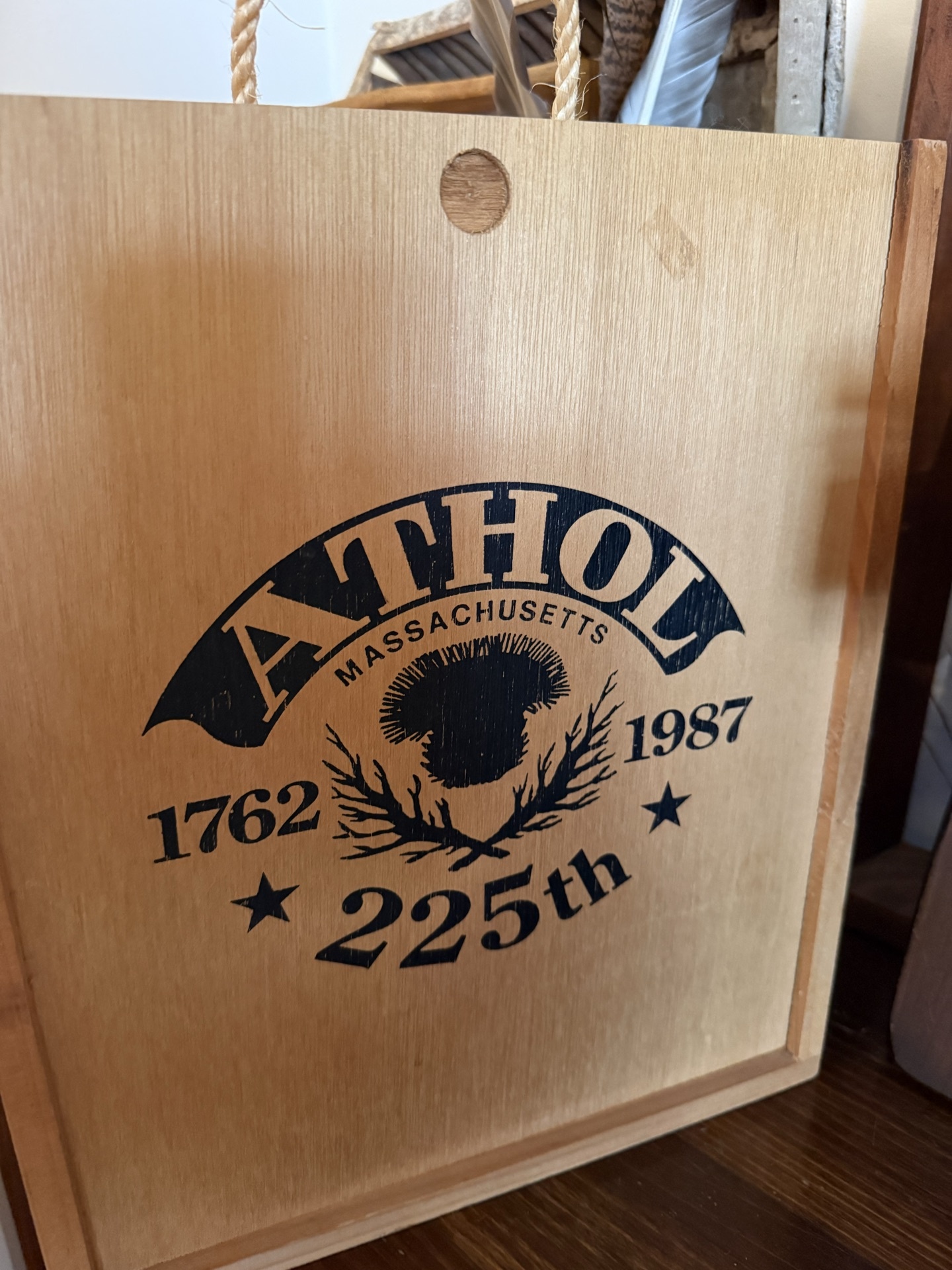 Wooden decor group with feathered vase, egg basket, stained-glass box, and Athol 225th plaque - image 4 of 6