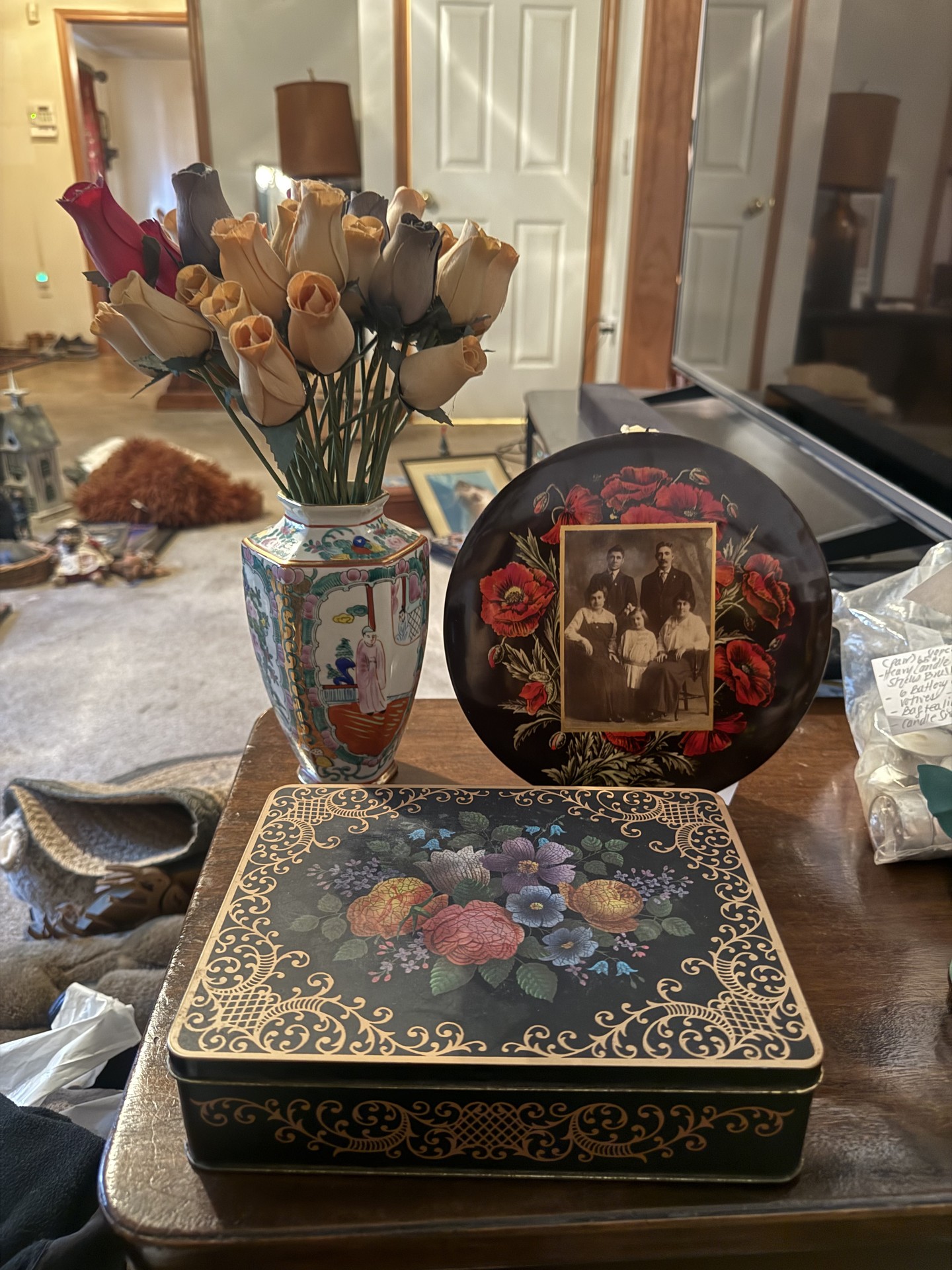 Floral decorative tins, a ceramic vase with fabric roses, and a decorative plate with a vintage photo - image 1 of 6