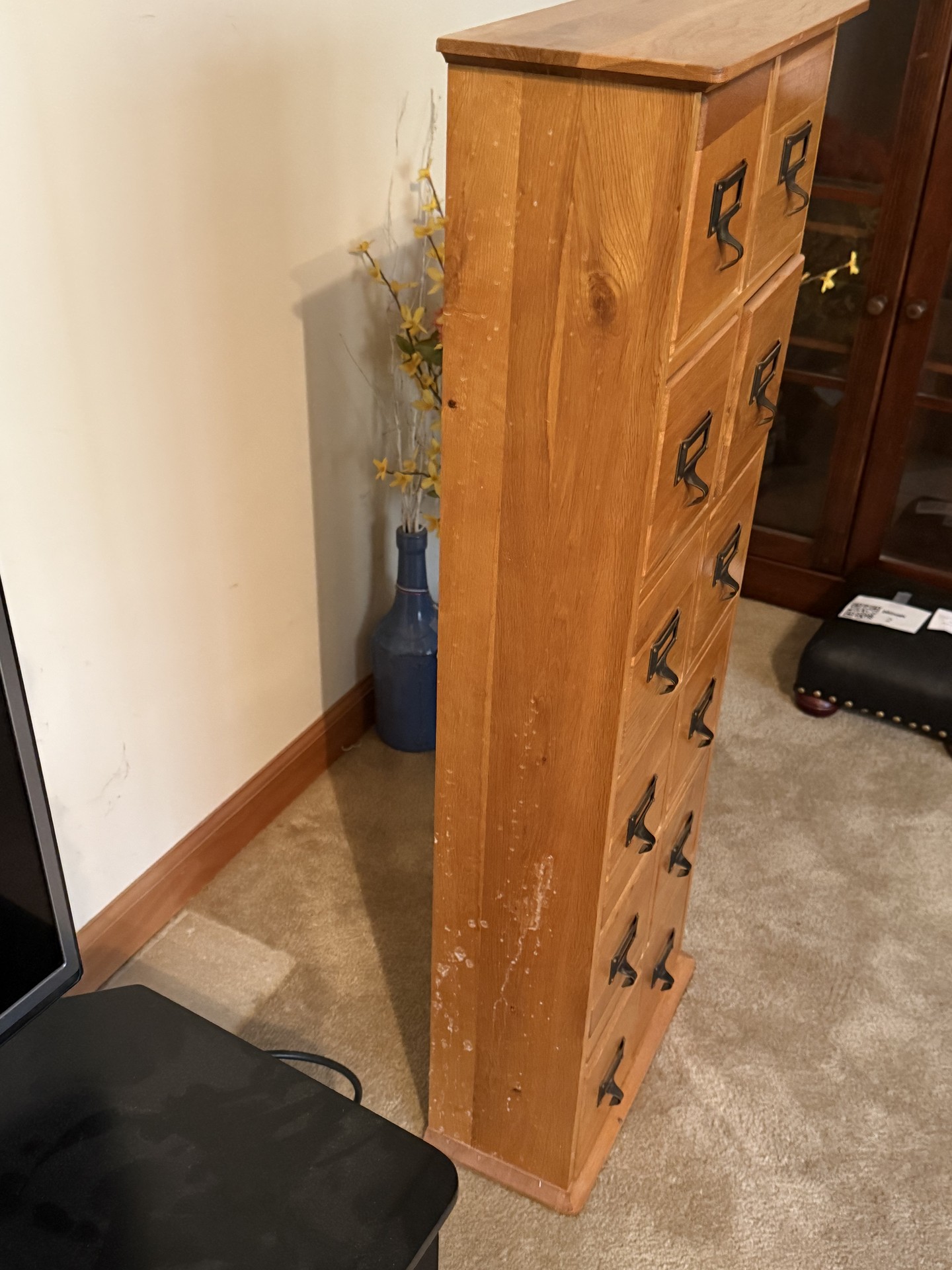 Oak-finished tall cabinet with multiple small drawers - image 2 of 12