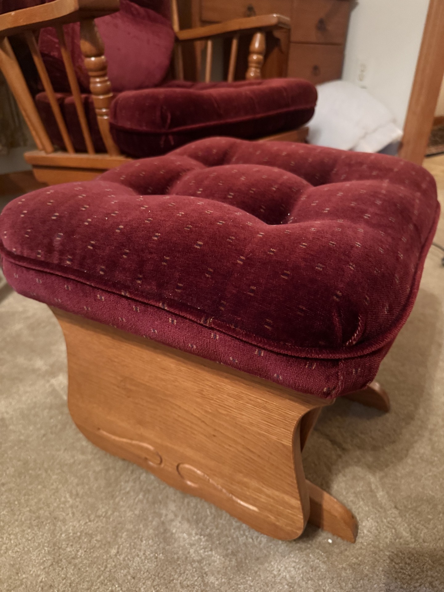 Wooden glider chair with matching burgundy tufted ottoman - image 4 of 12