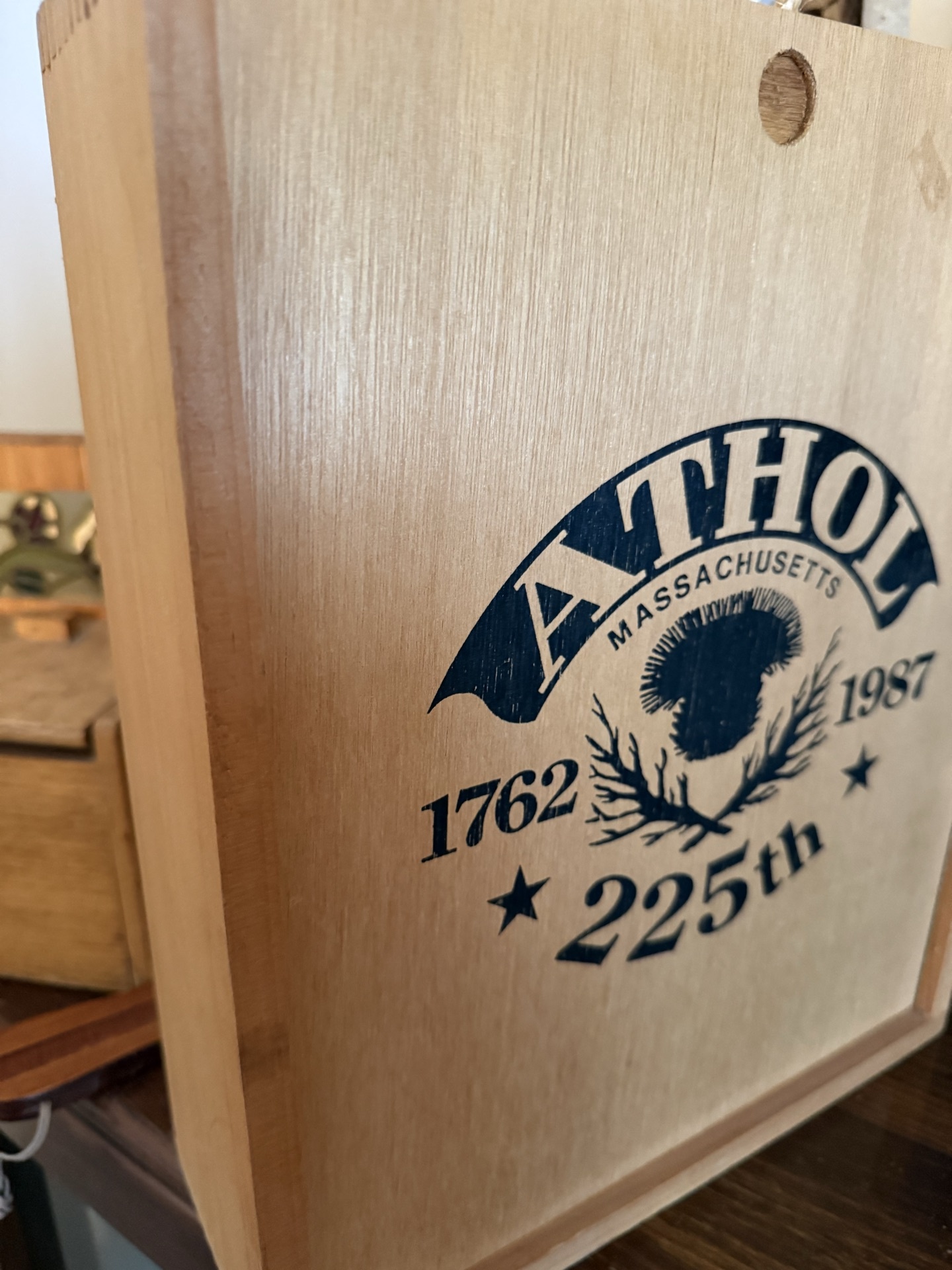 Wooden decor group with feathered vase, egg basket, stained-glass box, and Athol 225th plaque - image 5 of 6