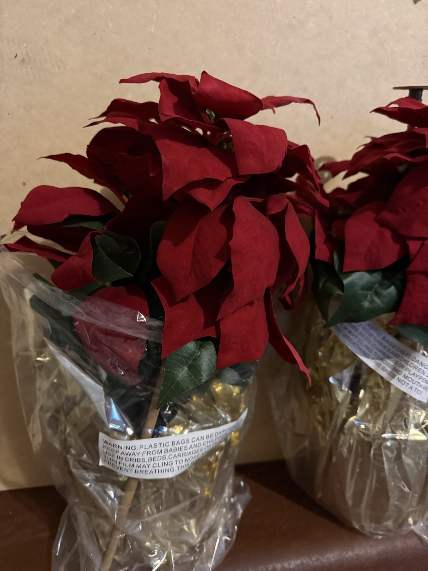 Three red poinsettia plants in plastic-wrapped pots - image 2 of 4