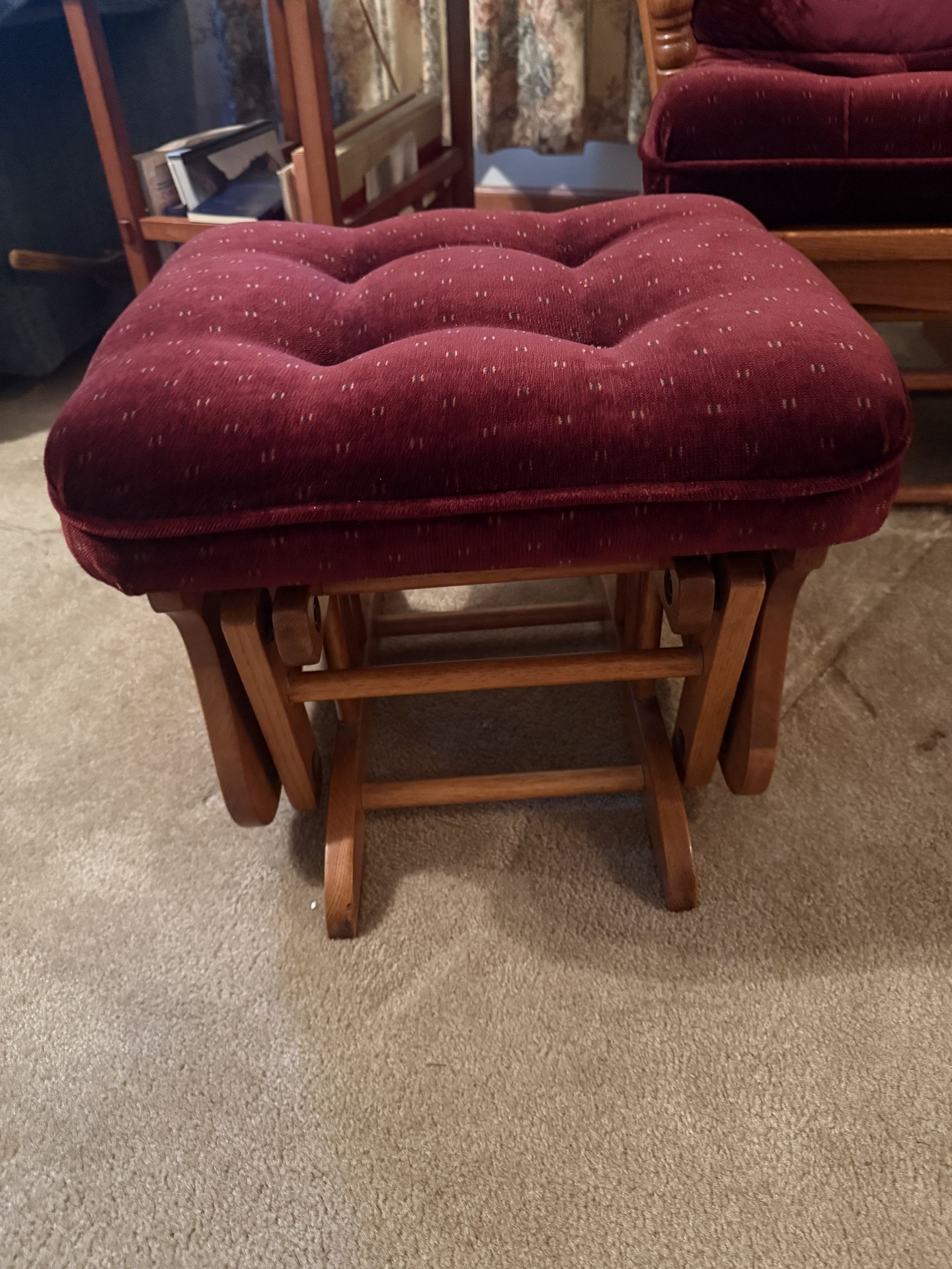 Wooden glider chair with matching burgundy tufted ottoman - image 2 of 12