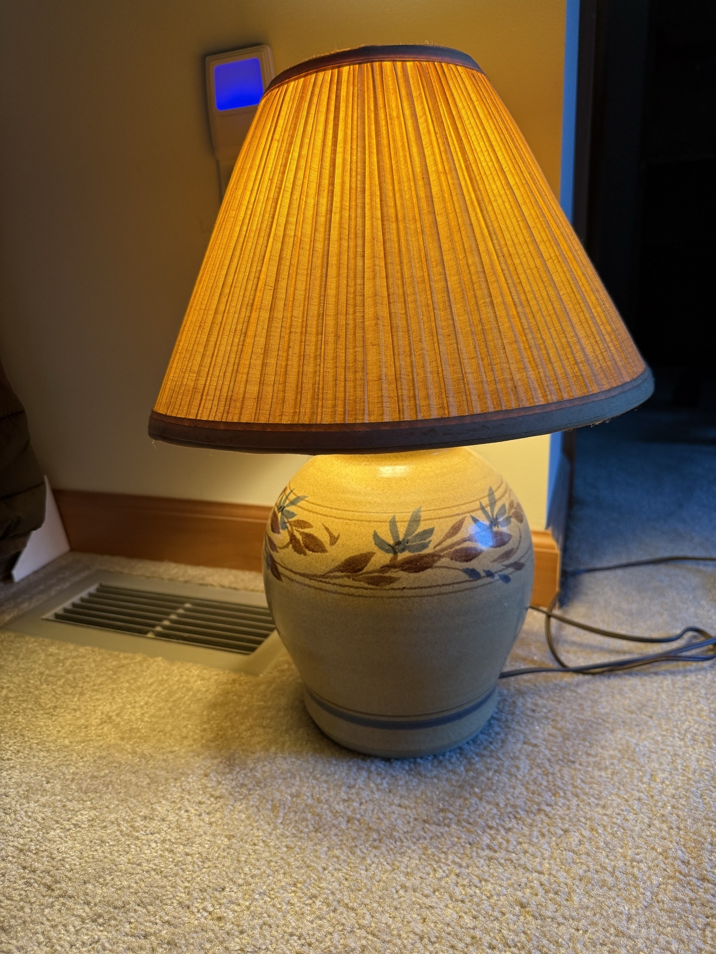 Blue-brown pottery-style ceramic lamp with pleated shade - image 1 of 5