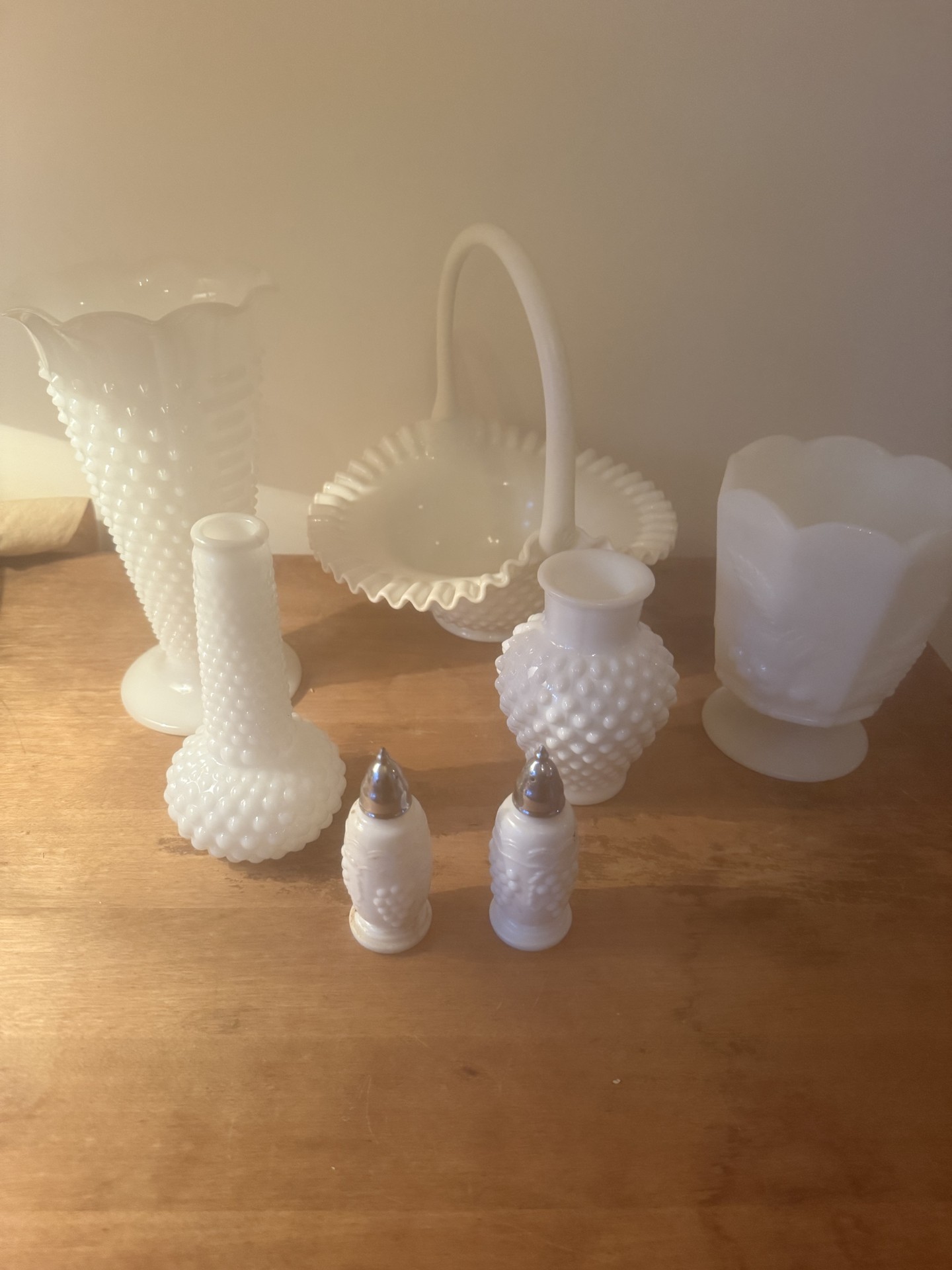 Milk glass hobnail decor set (vases and salt shakers) - image 1 of 11