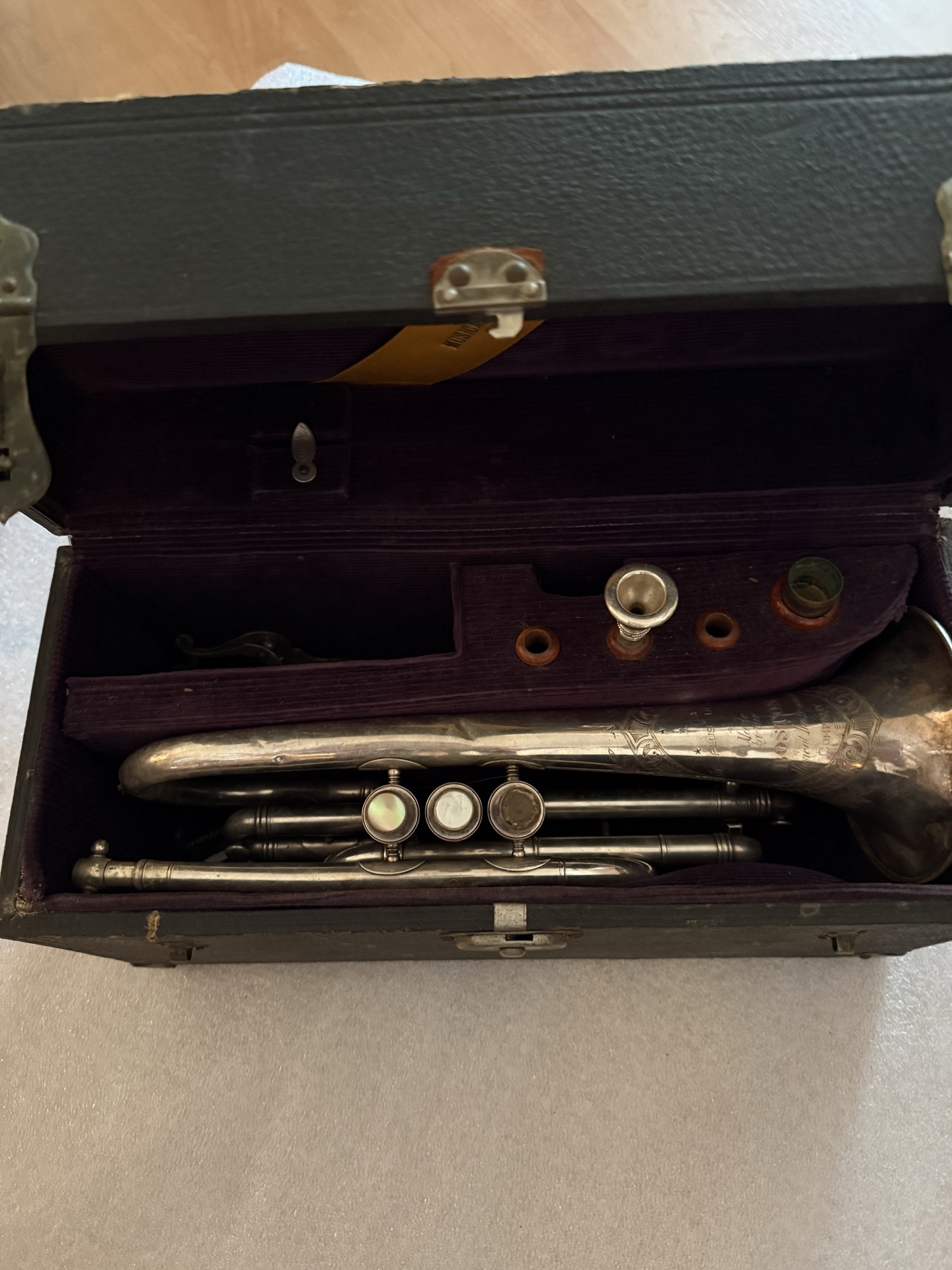 Boston Cornets Antique silver-plated cornet with engraved bell in a hard case - image 1 of 7