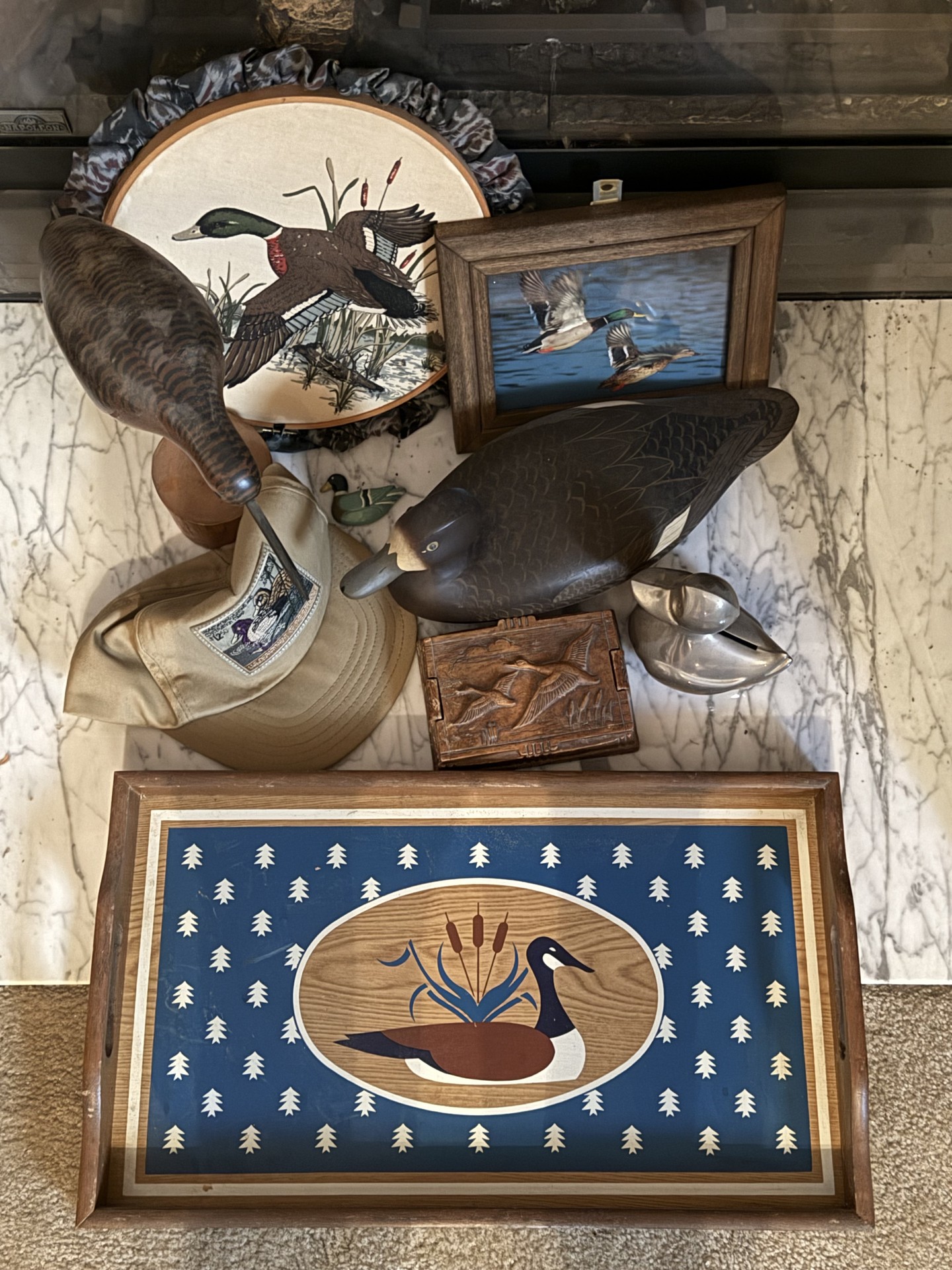 Duck-themed decorative collection with carved decoys, metal bank, and framed art - image 2 of 20