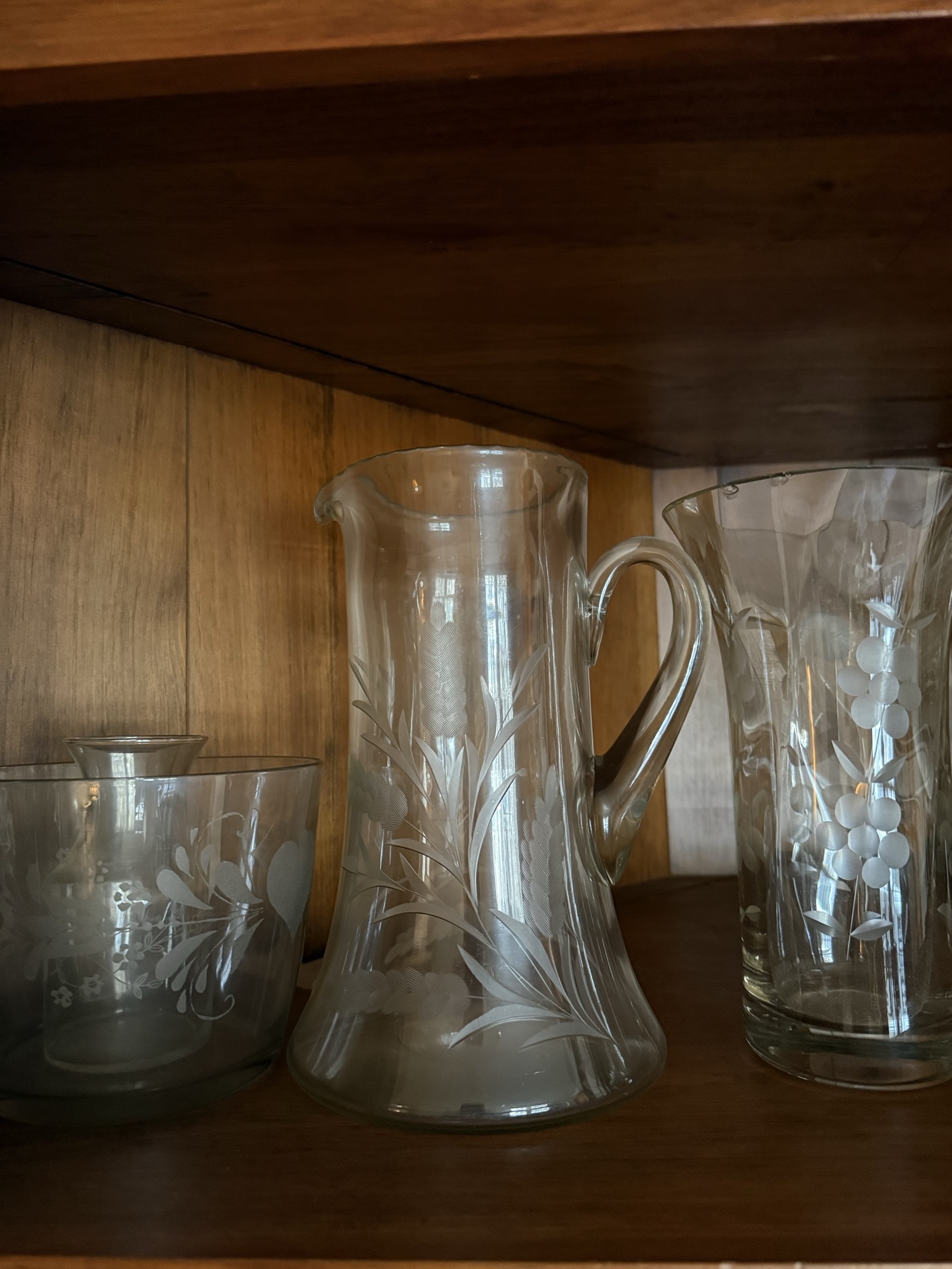 Etched glassware collection with pitcher and pedestal stand - image 1 of 3