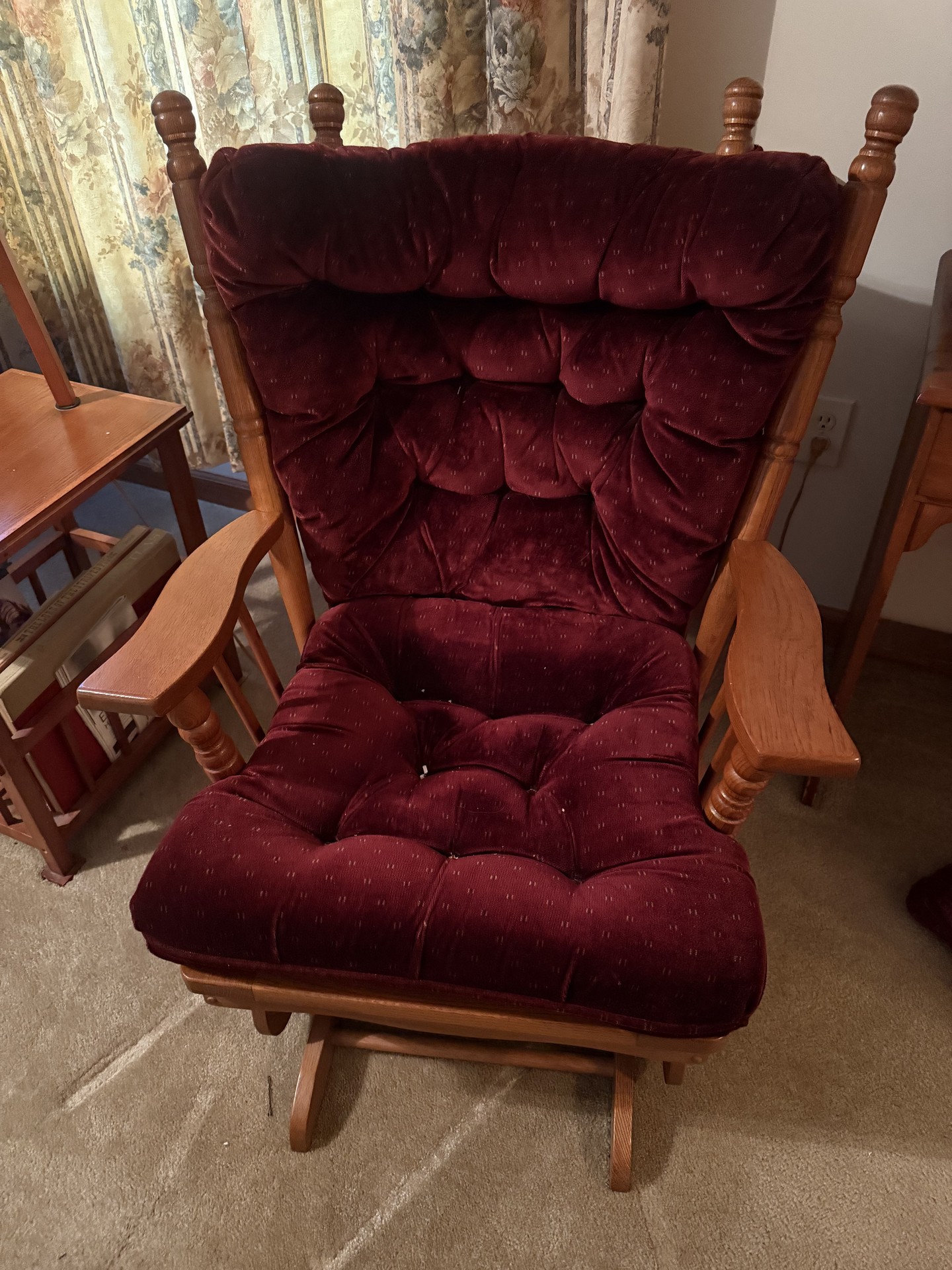 Wooden glider chair with matching burgundy tufted ottoman - image 6 of 12