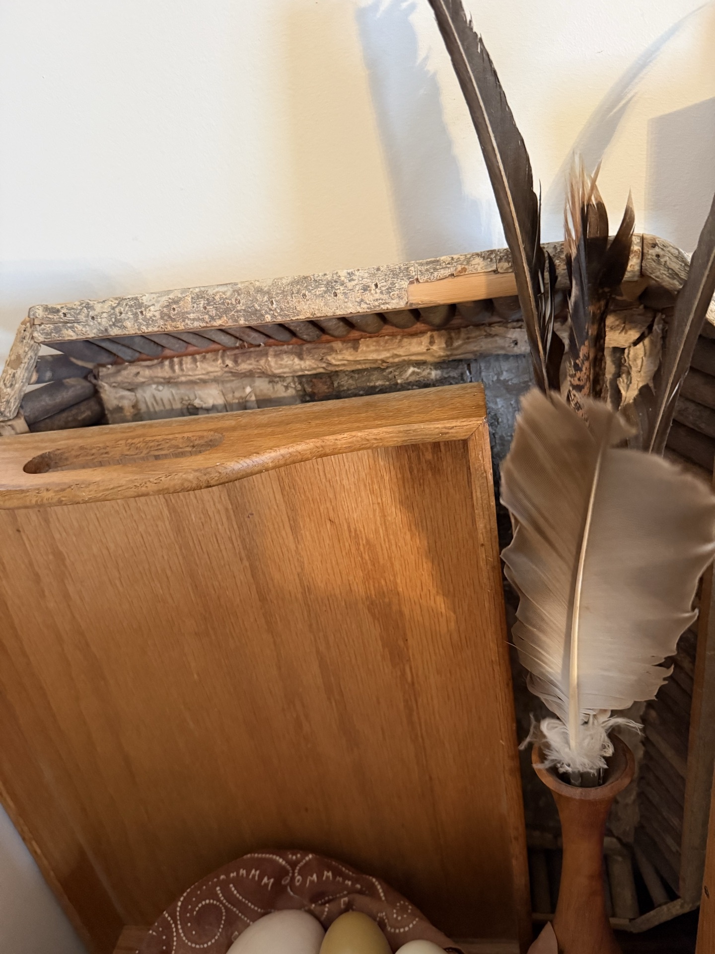 Wooden decor group with feathered vase, egg basket, stained-glass box, and Athol 225th plaque - image 2 of 6