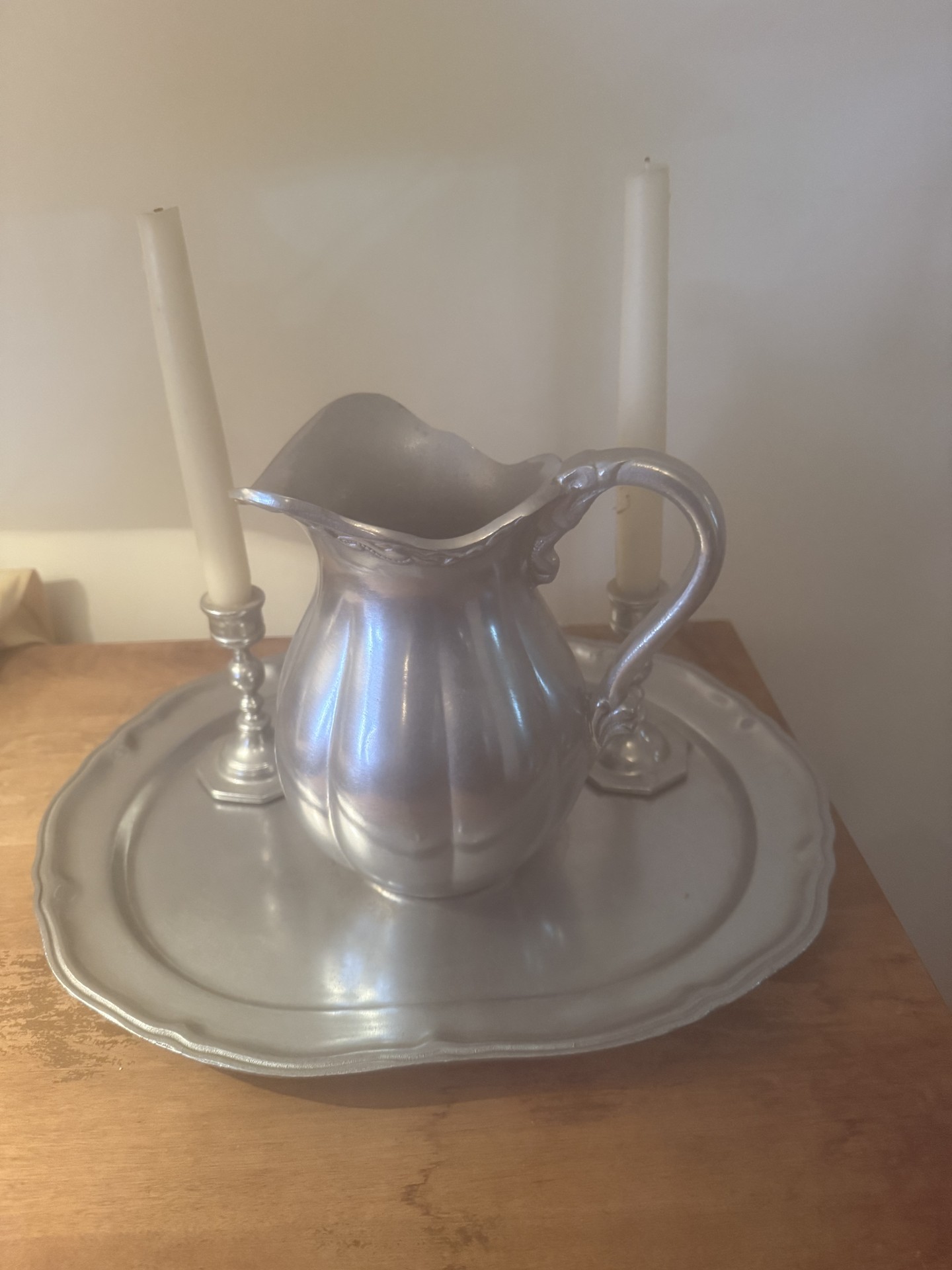 Queen Anne silver-plated pitcher with tray and candlesticks - image 1 of 7