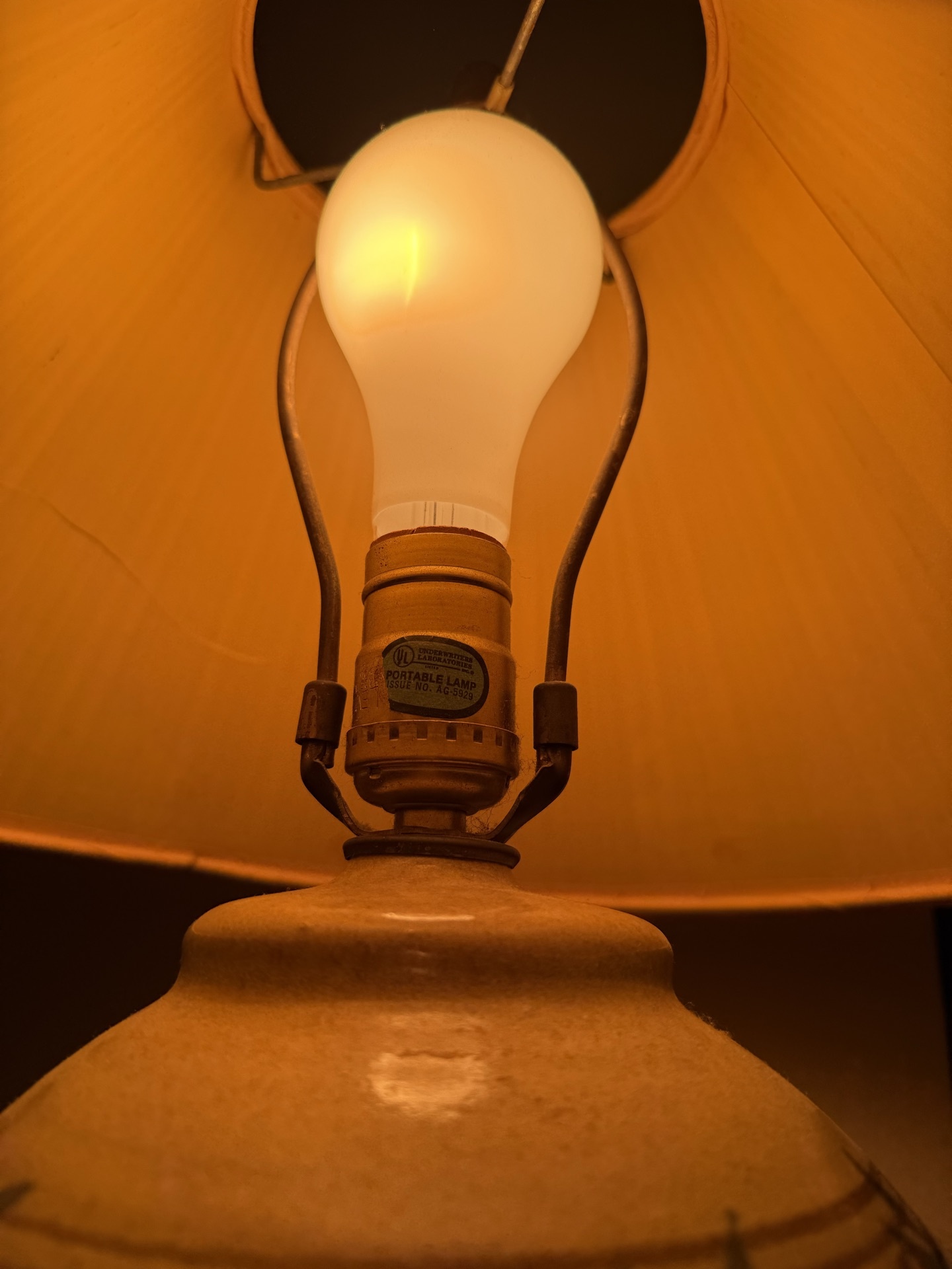 Blue-brown pottery-style ceramic lamp with pleated shade - image 3 of 5