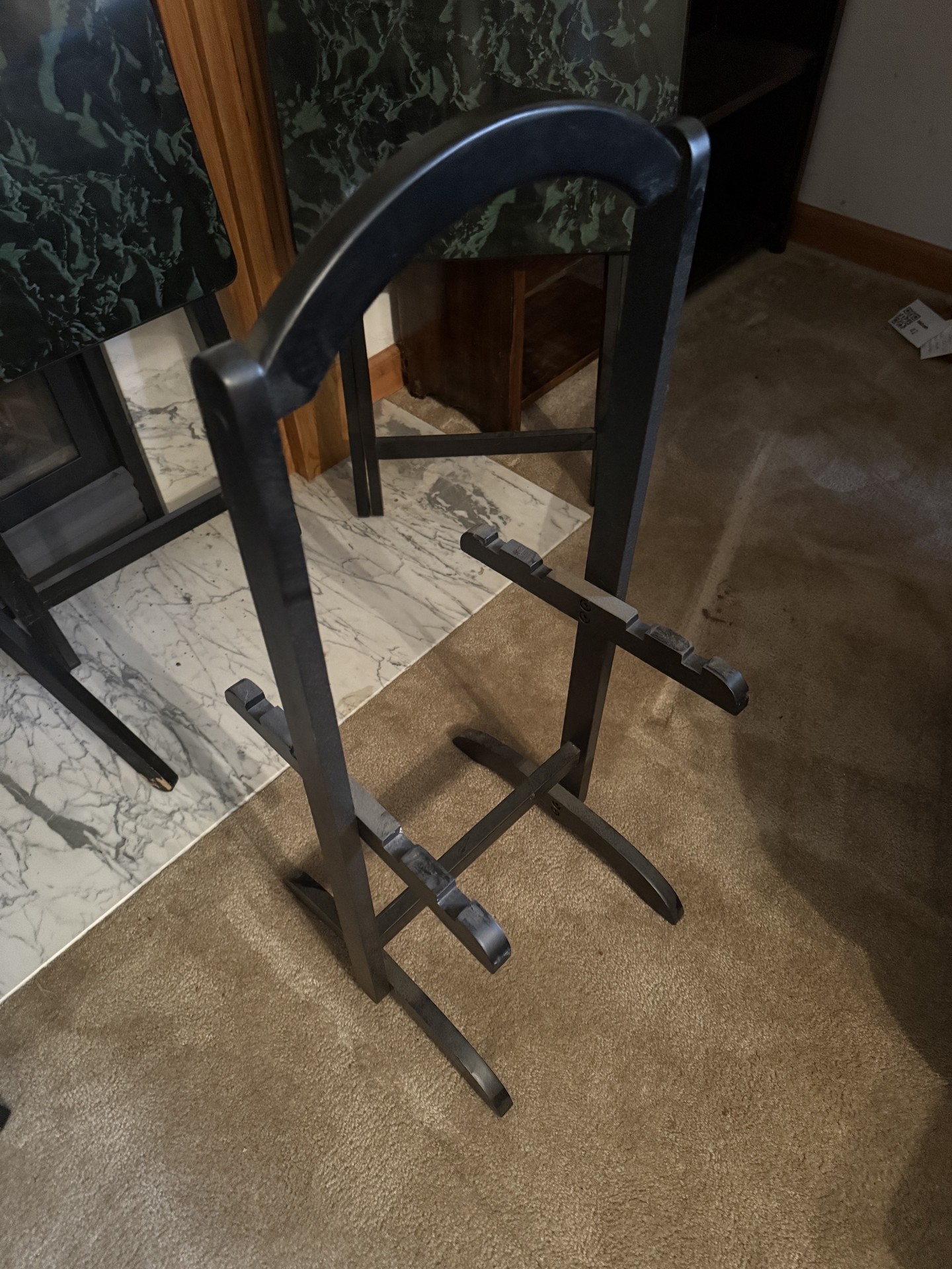 Black metal folding tables with green marble-pattern laminate tops - image 4 of 8