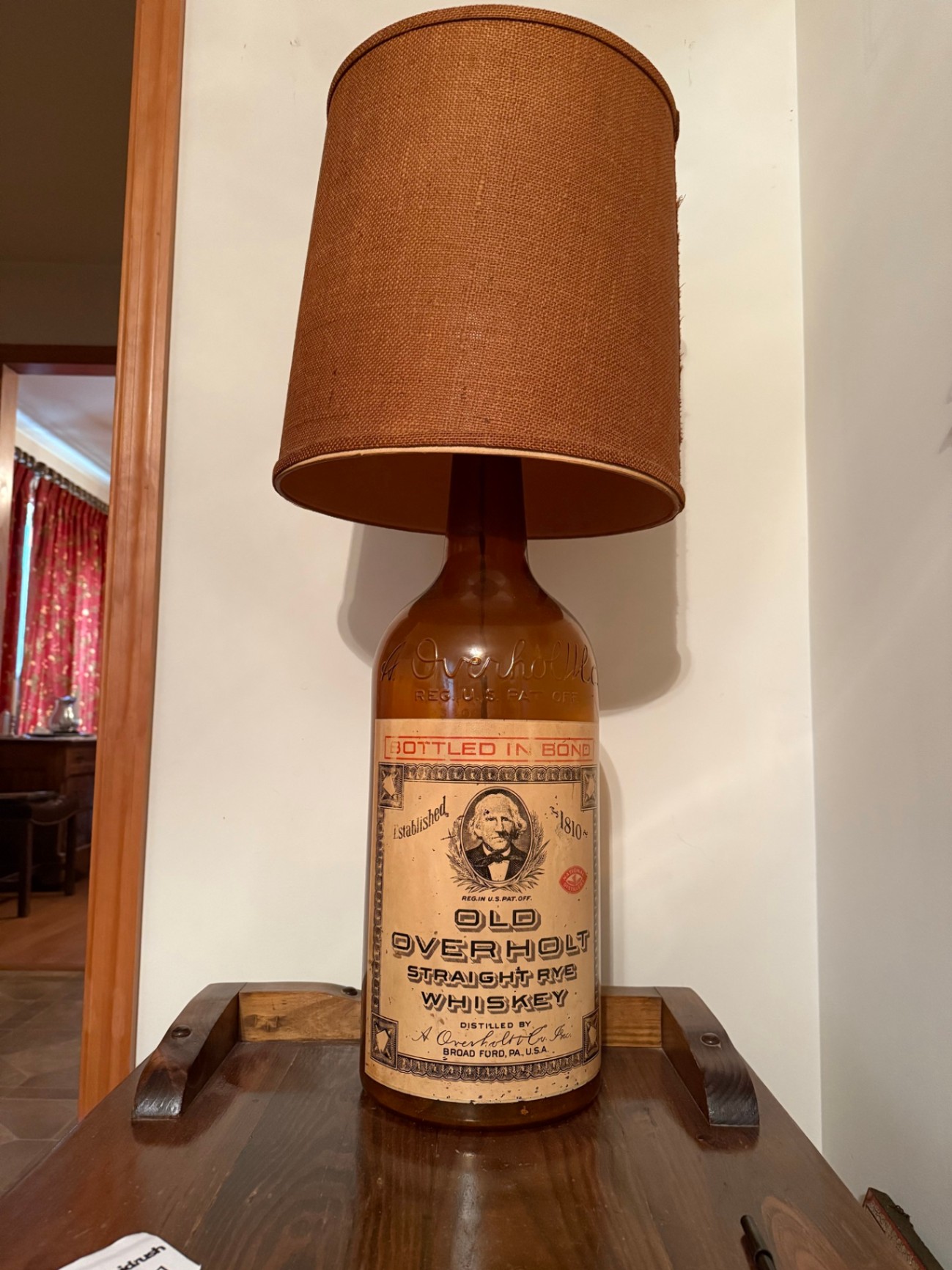 Old Overholt Whiskey Bottle Lamp with Burlap Shade - image 1 of 7