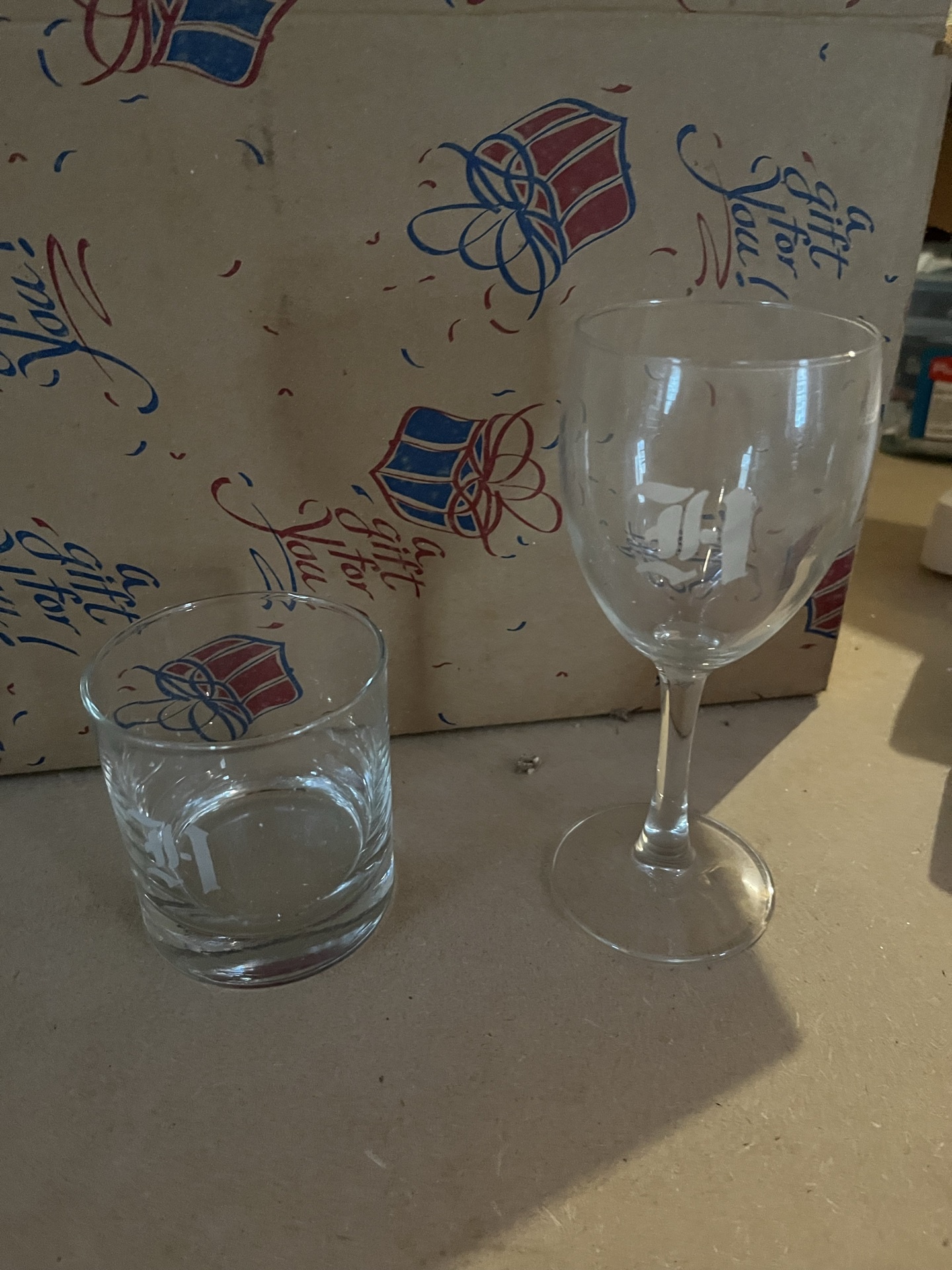 Monogrammed "H" wine glass and rocks glasses - image 1 of 2