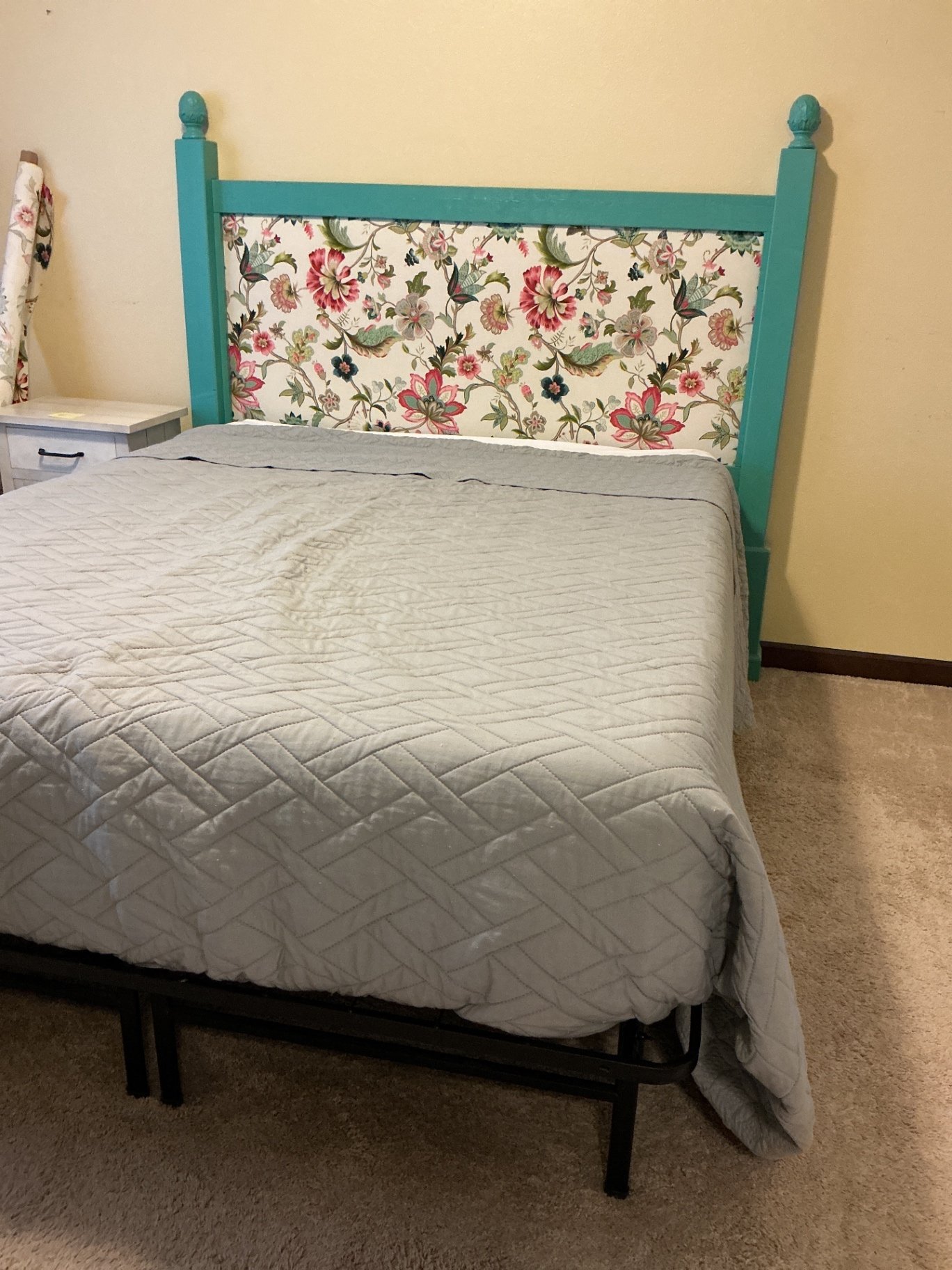 Queen headboard and folding black bedframe  - image 1 of 6