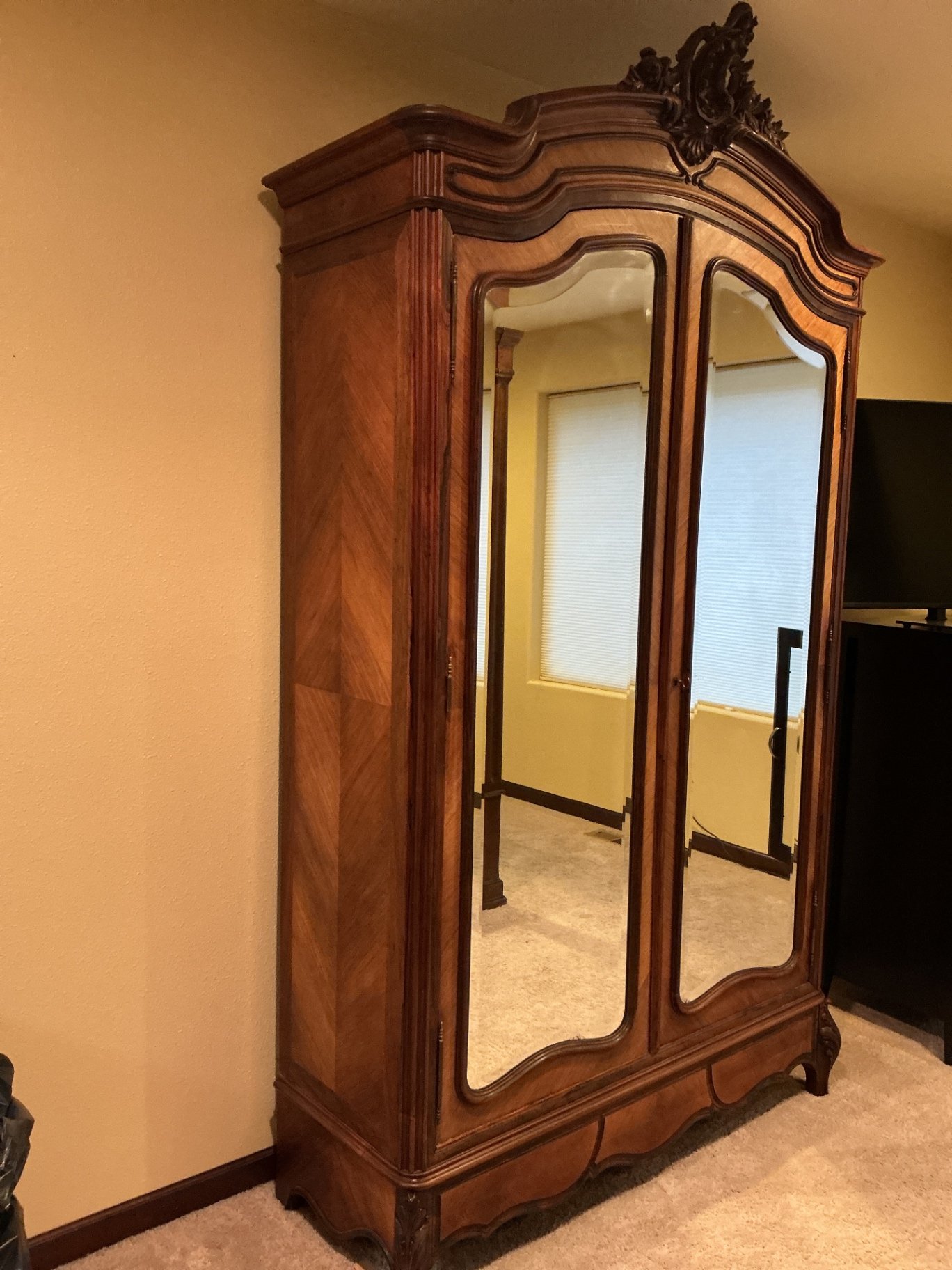 Vintage, Louis XV Style, carved wooden armoire with mirrored doors - image 2 of 9