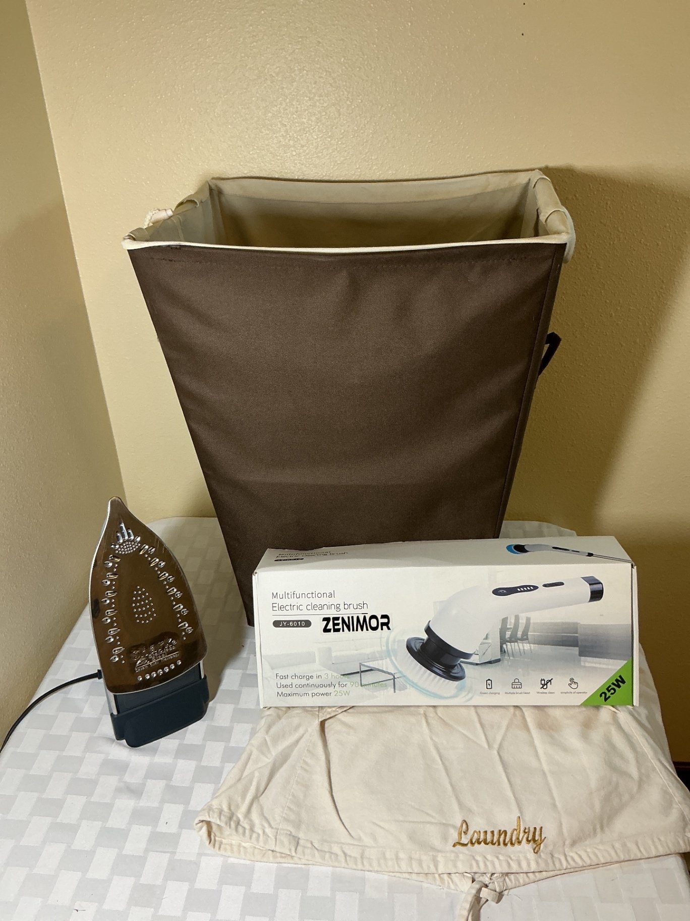 Laundry hamper with cleaning brush set and steam iron - image 1 of 6