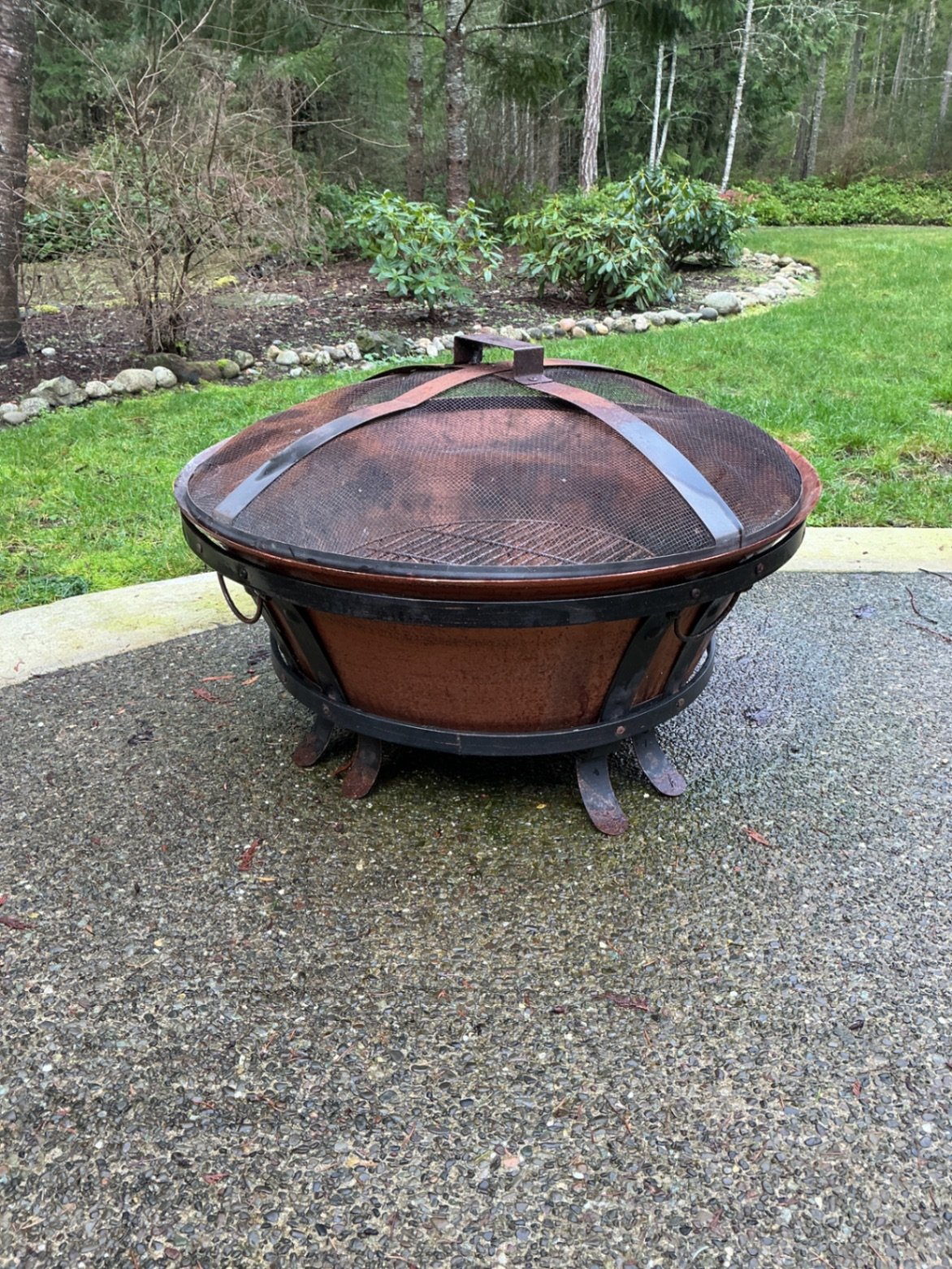 Round metal outdoor fire pit with mesh lid and cover - image 1 of 5
