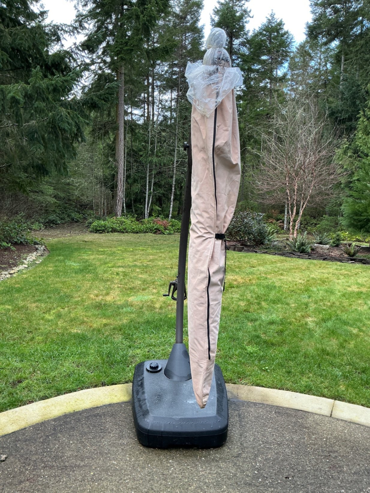 Large Red cantilever patio umbrella with base and protective sleeve - image 4 of 6