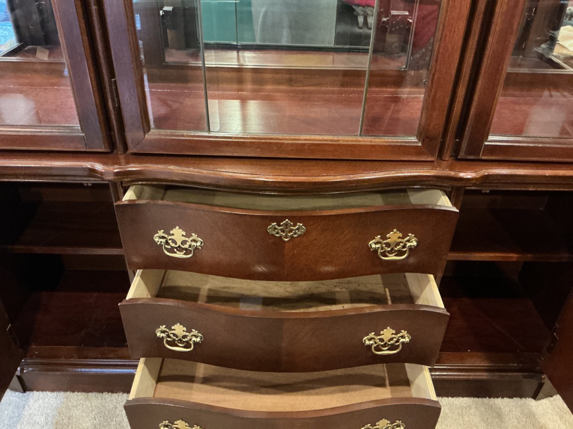 Dark wood china cabinet hutch with glass display and drawers - image 6 of 6