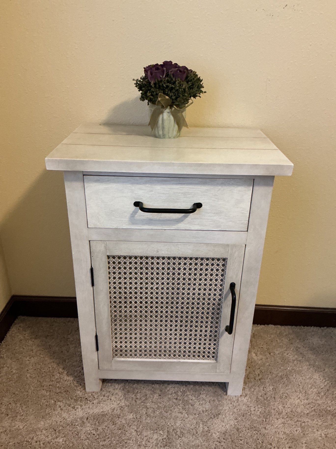 Whitewashed nightstand with cane panel  - image 1 of 3