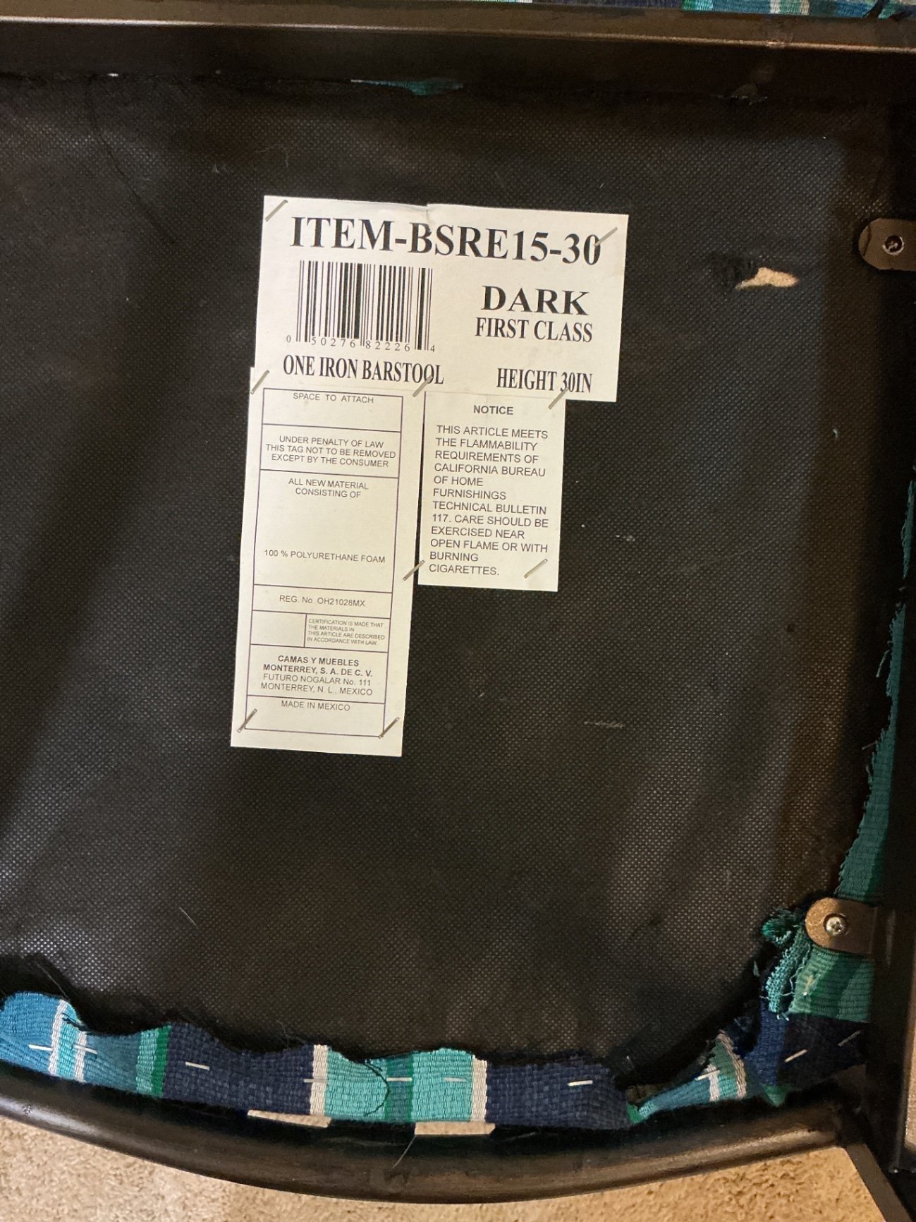 Pair of black metal bar stools with striped upholstery - image 5 of 5