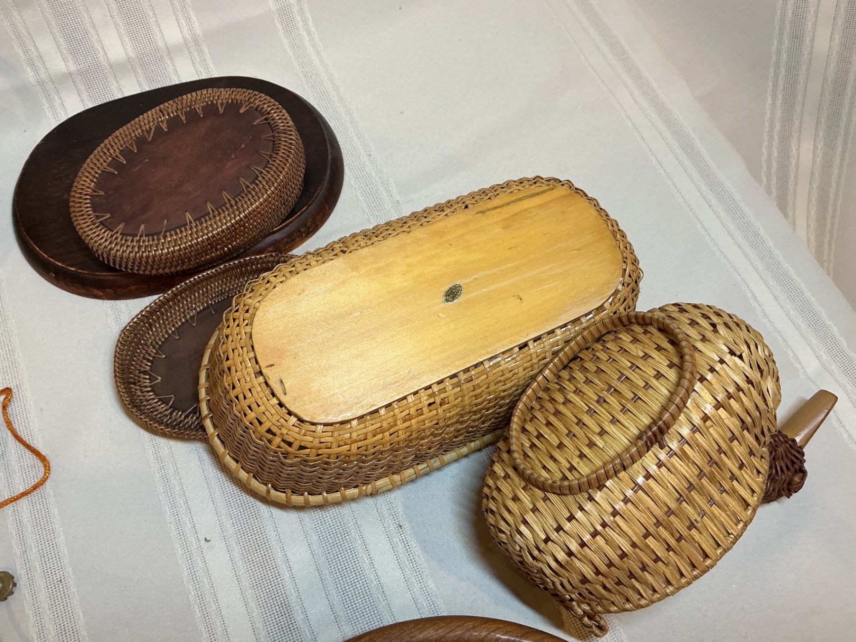 Woven baskets, teak wooden bowl - image 2 of 7