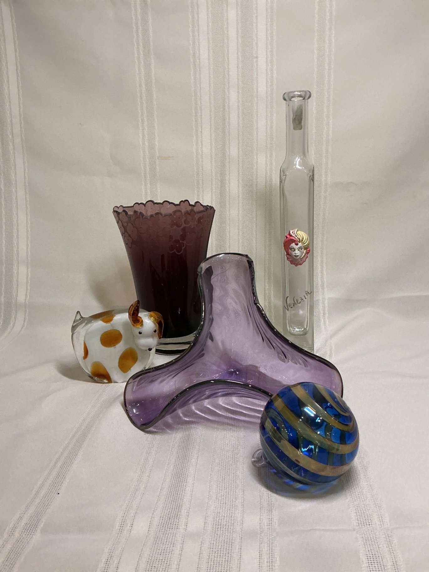 Set of decorative glass items: cow figurine, vases, bottle, and ornament - image 1 of 5