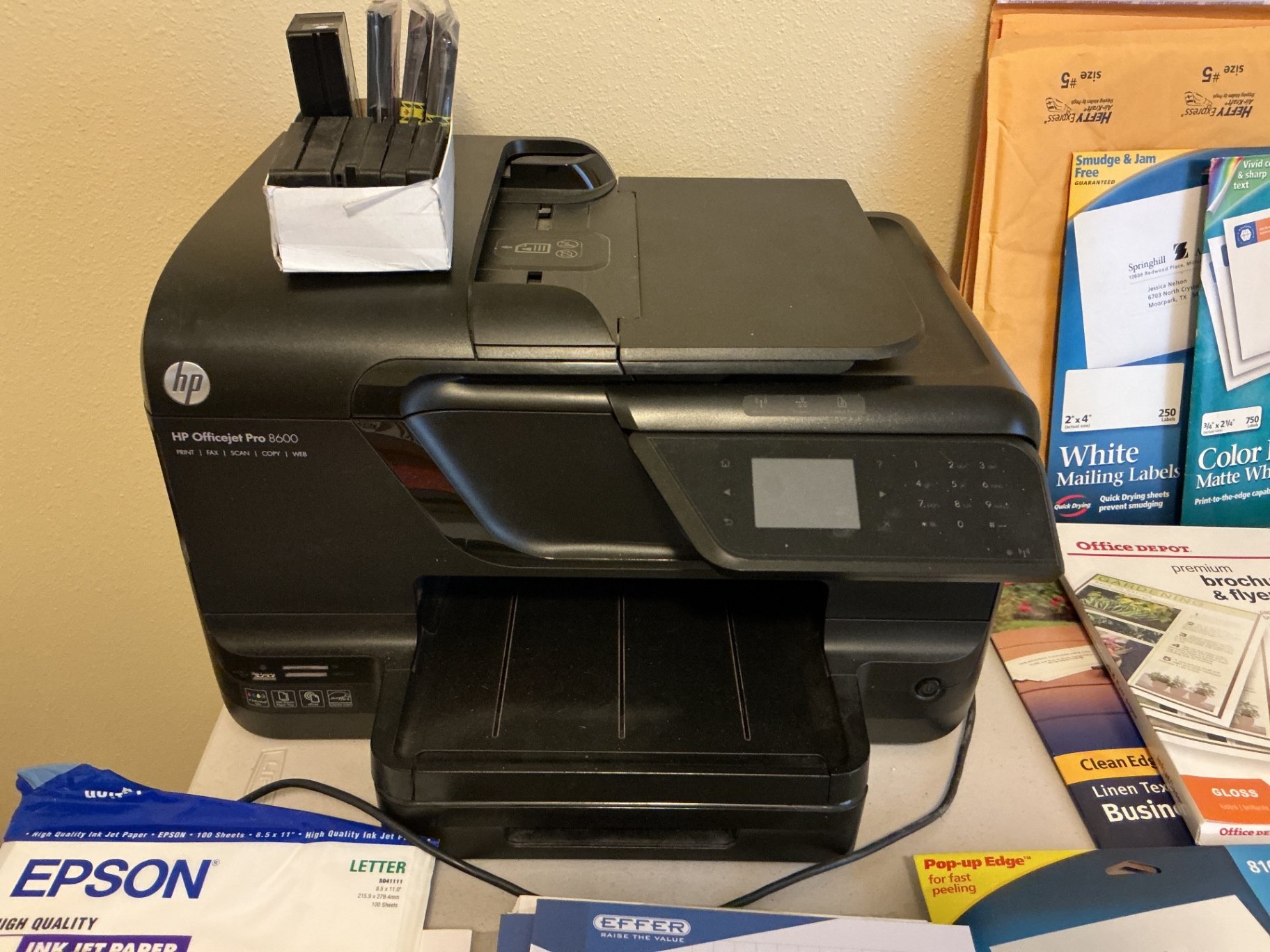 HP printer with office supplies, papers and labels - image 2 of 5