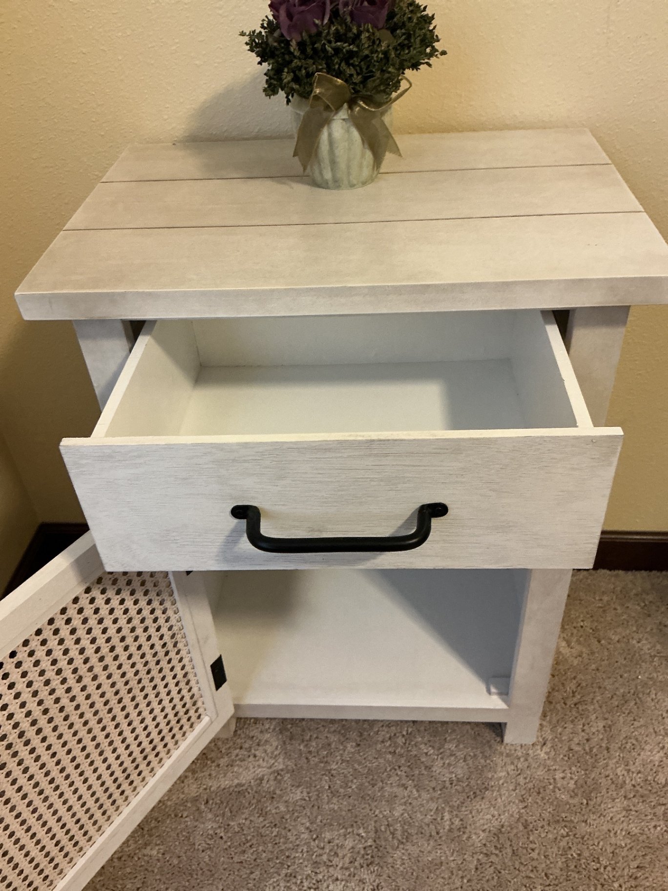 Whitewashed nightstand with cane panel  - image 2 of 3