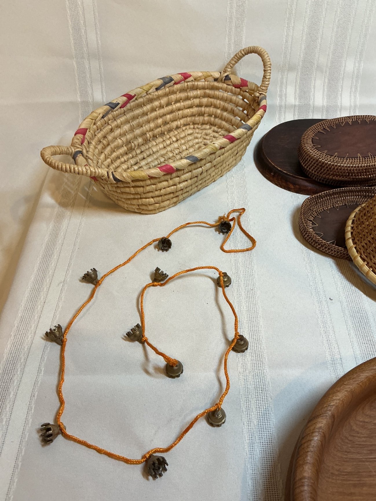 Woven baskets, teak wooden bowl - image 7 of 7