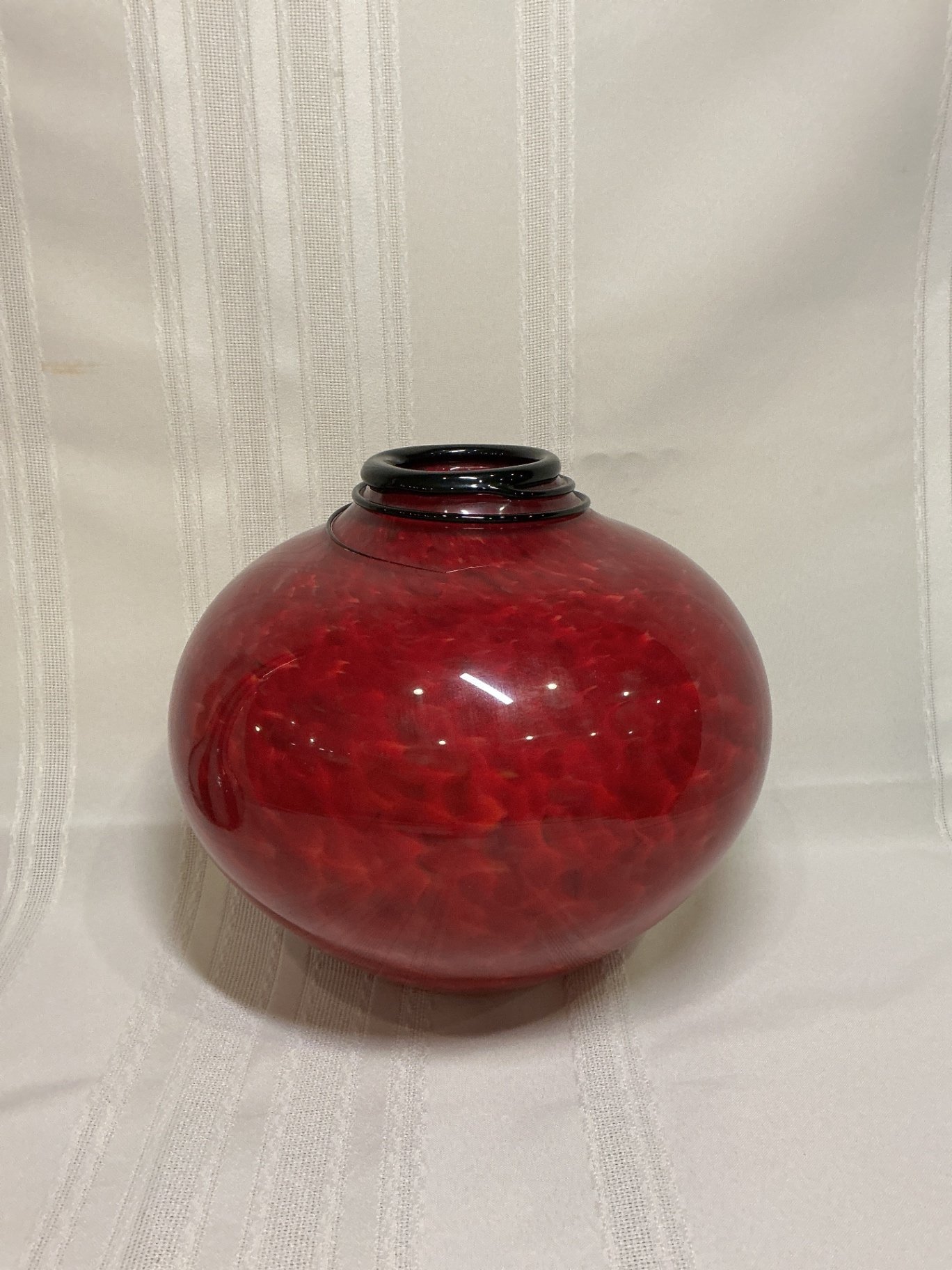 Hand blown red glass vase and tall striped vase. - image 2 of 5
