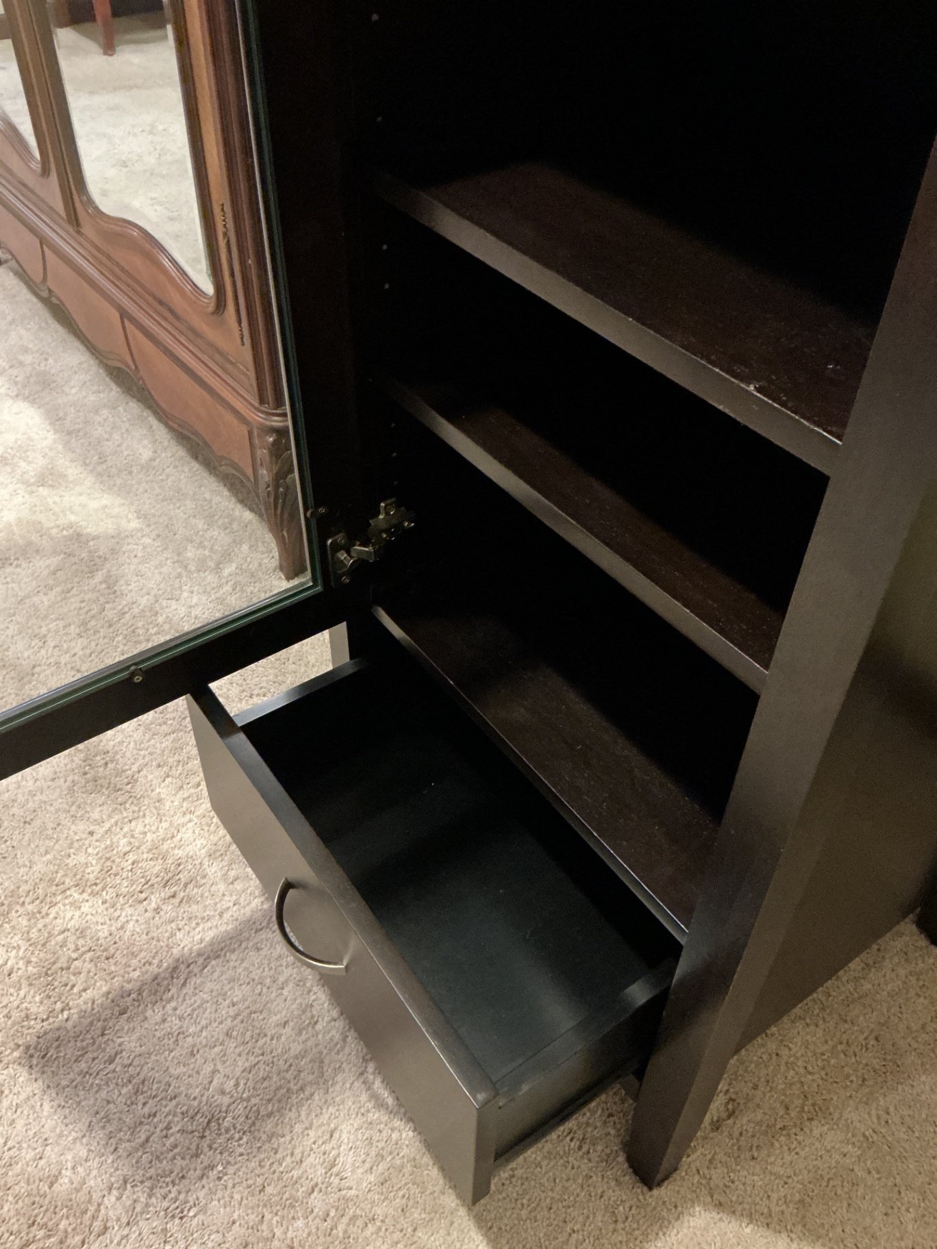 Dark wood display cabinet with glass door and drawer - image 4 of 5