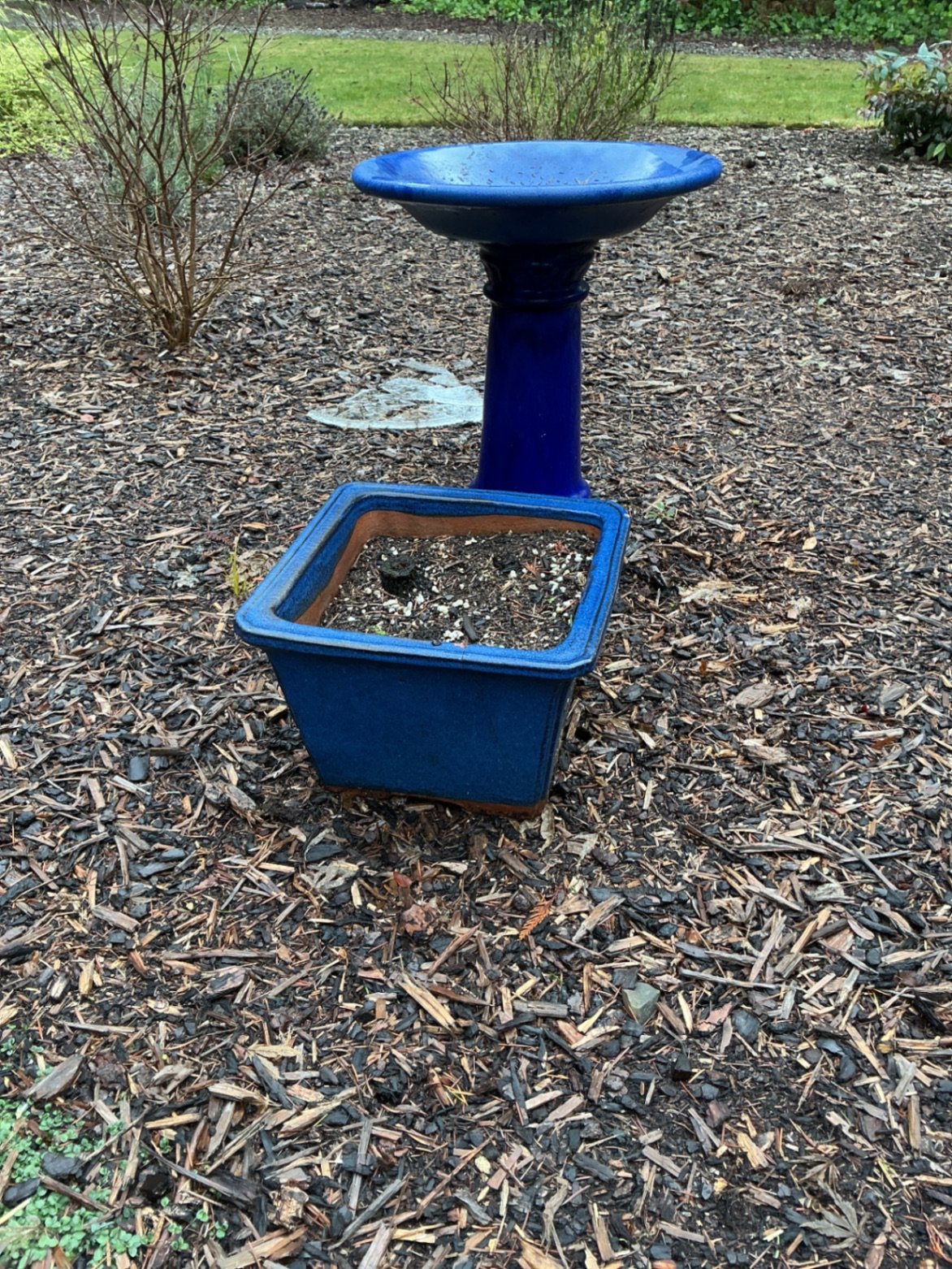 Blue ceramic birdbath with square planter - image 1 of 4