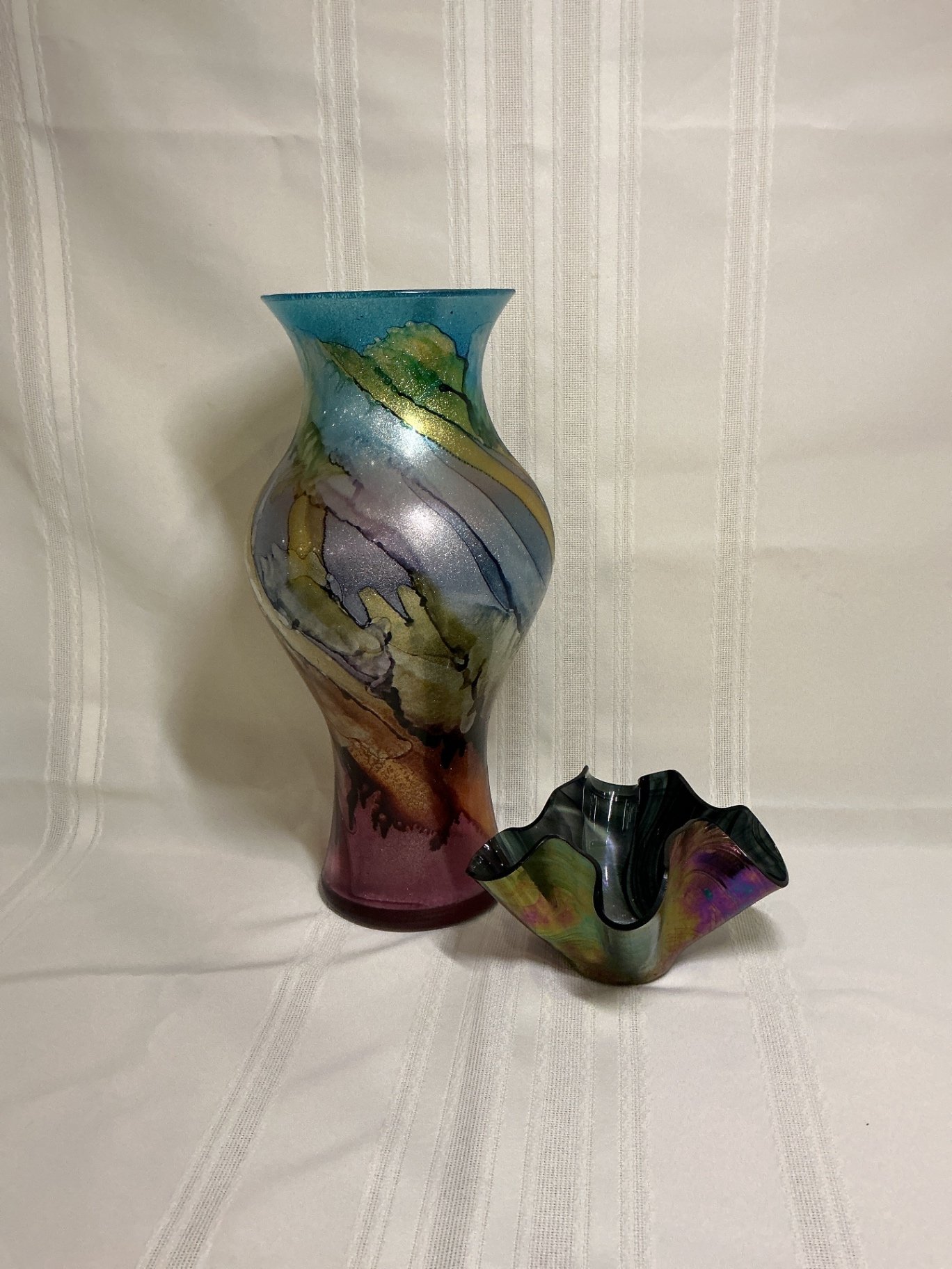 Hand blown multicolored art glass vase and iridescent ruffled bowl. - image 1 of 5