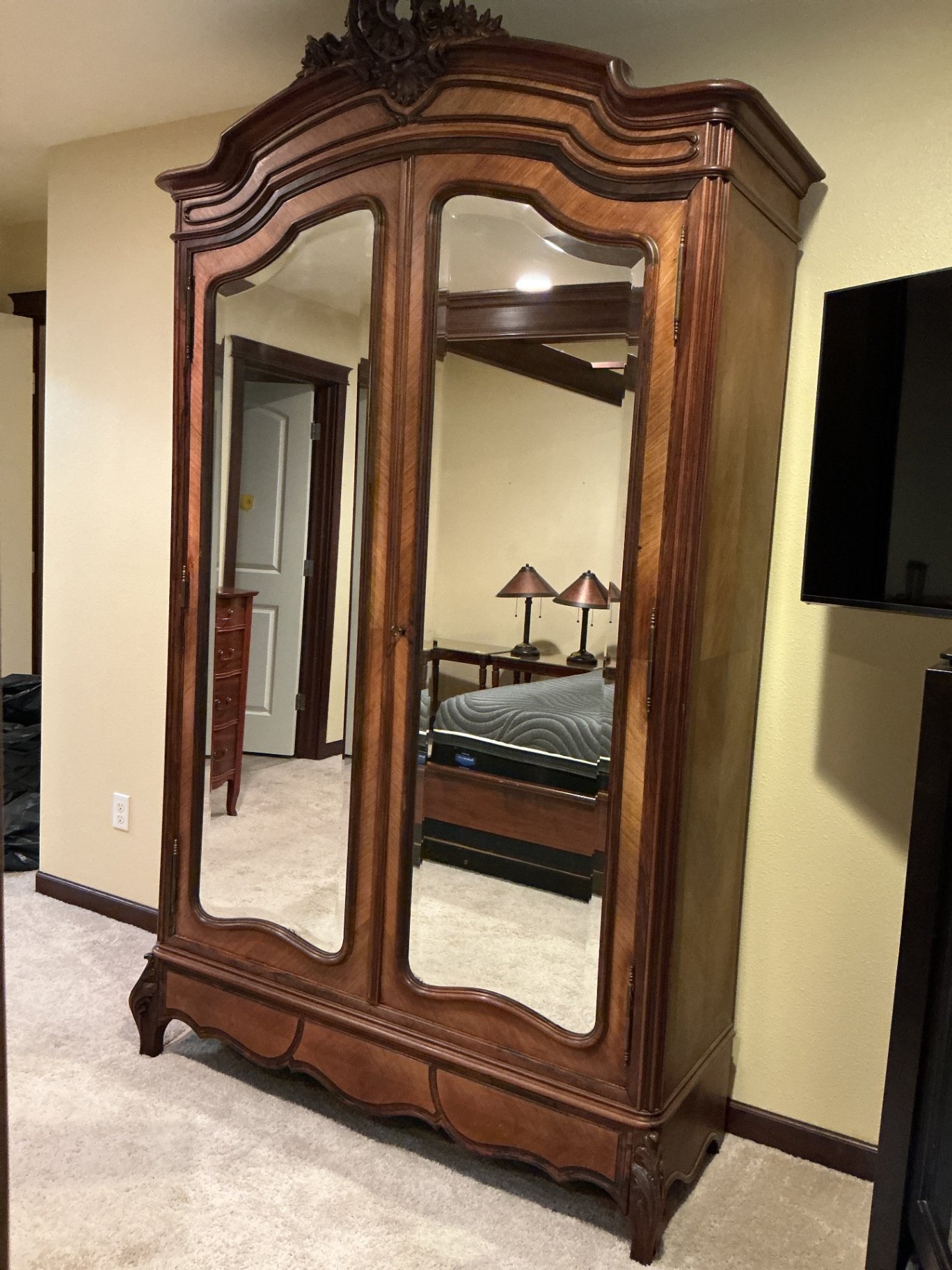 Vintage, Louis XV Style, carved wooden armoire with mirrored doors - image 1 of 9