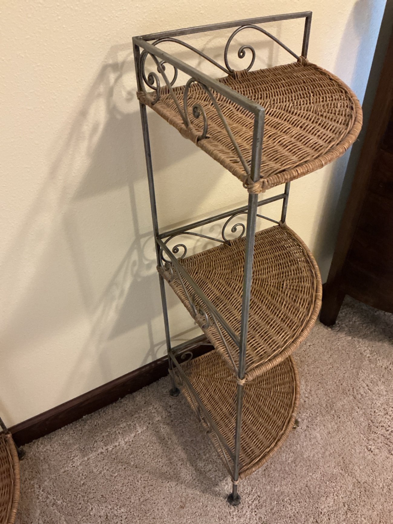 Two metal-framed corner shelves with wicker shelves - image 3 of 3