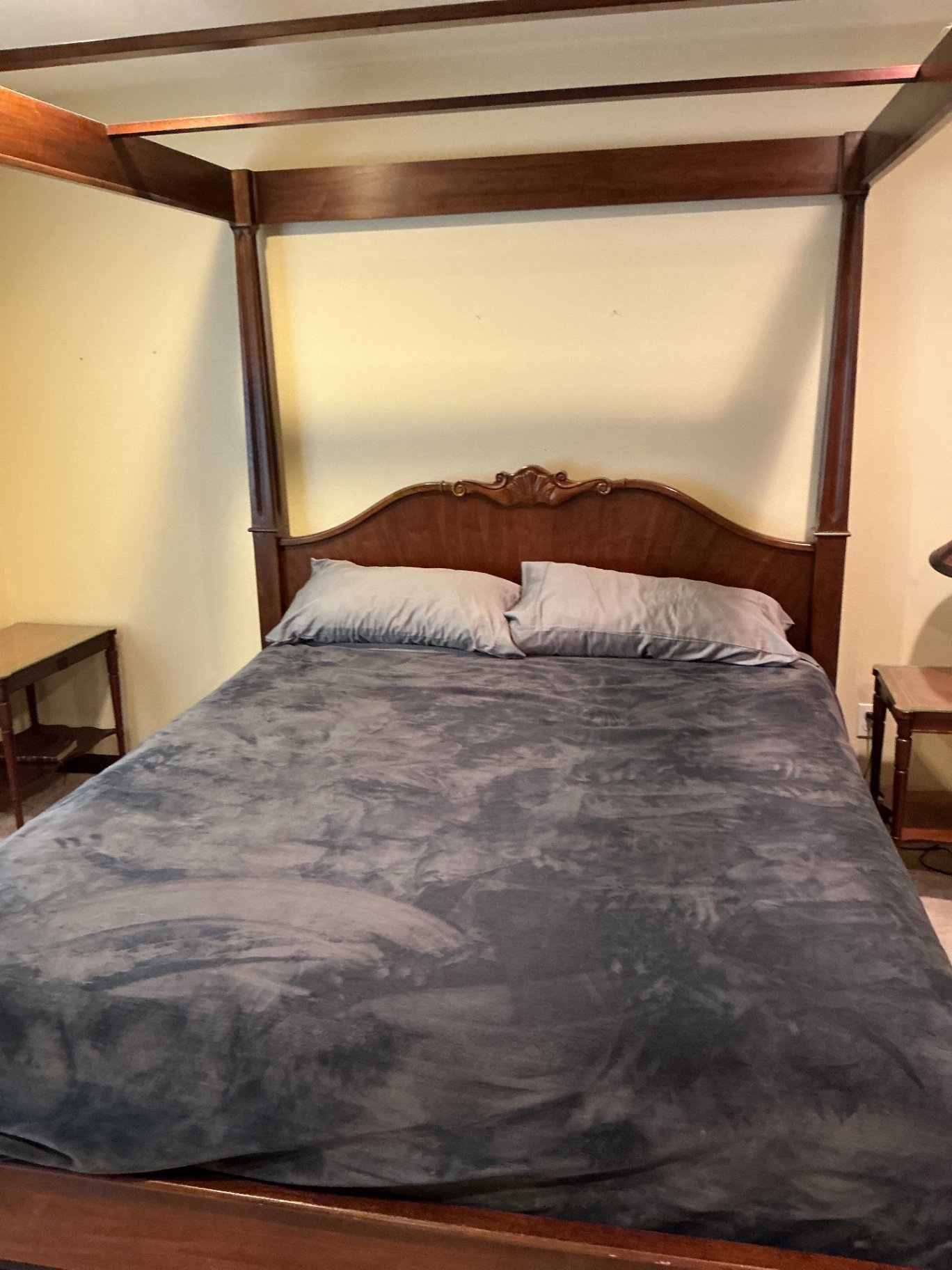 Wooden four-poster king canopy bed with carved headboard - image 2 of 9