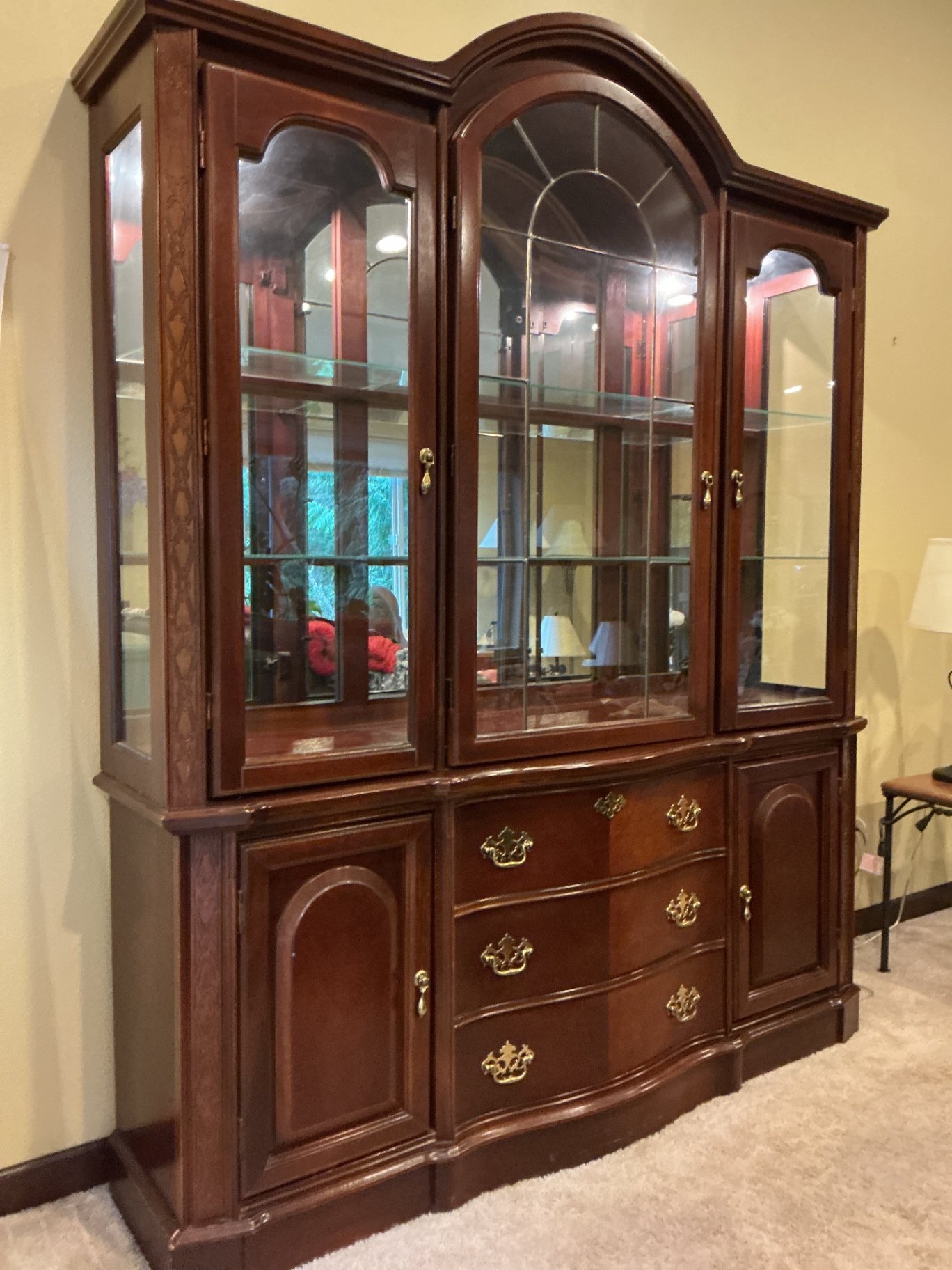 Dark wood china cabinet hutch with glass display and drawers - image 4 of 6