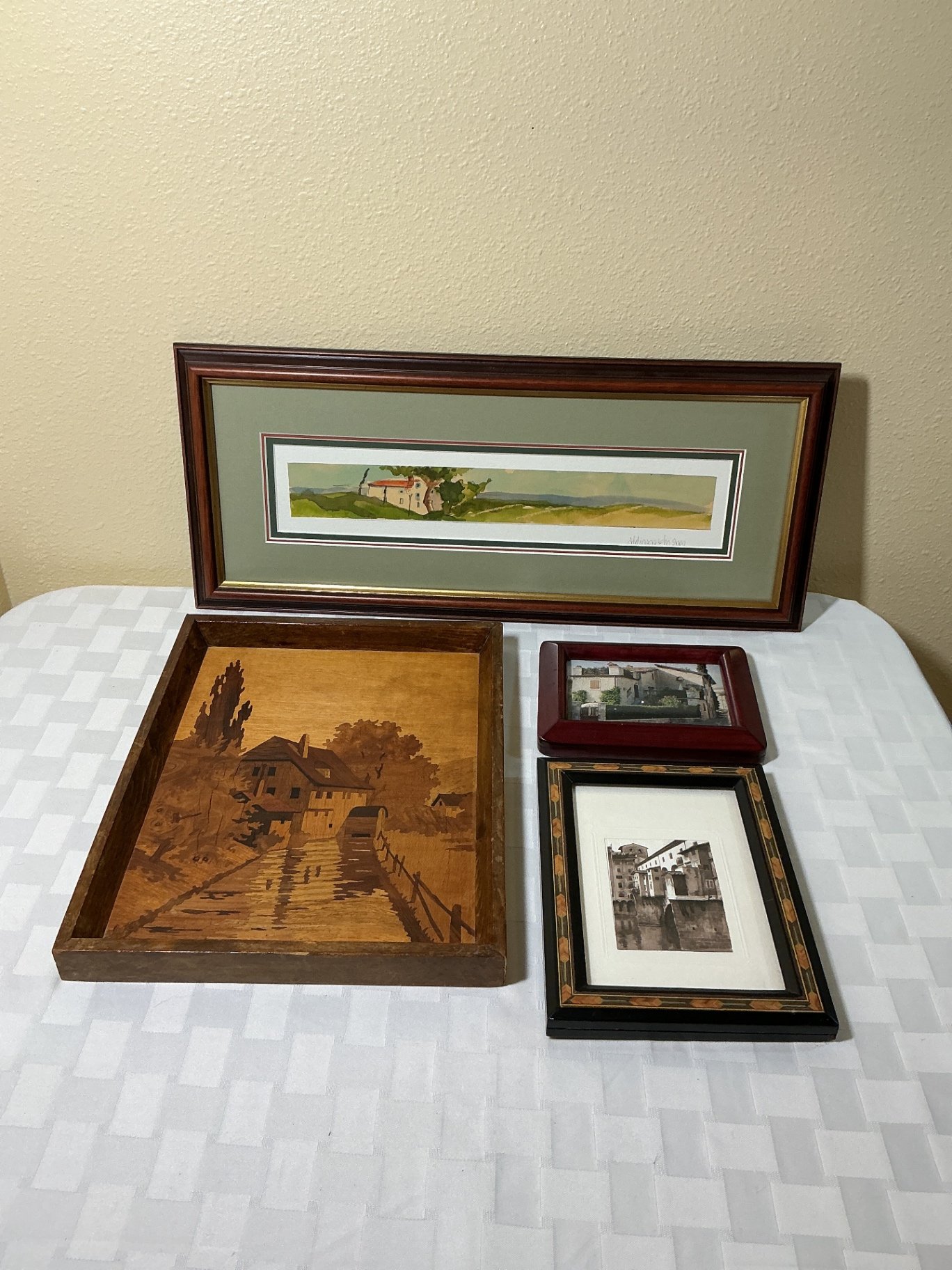 Assorted framed art prints and wooden engraving tray - image 1 of 5