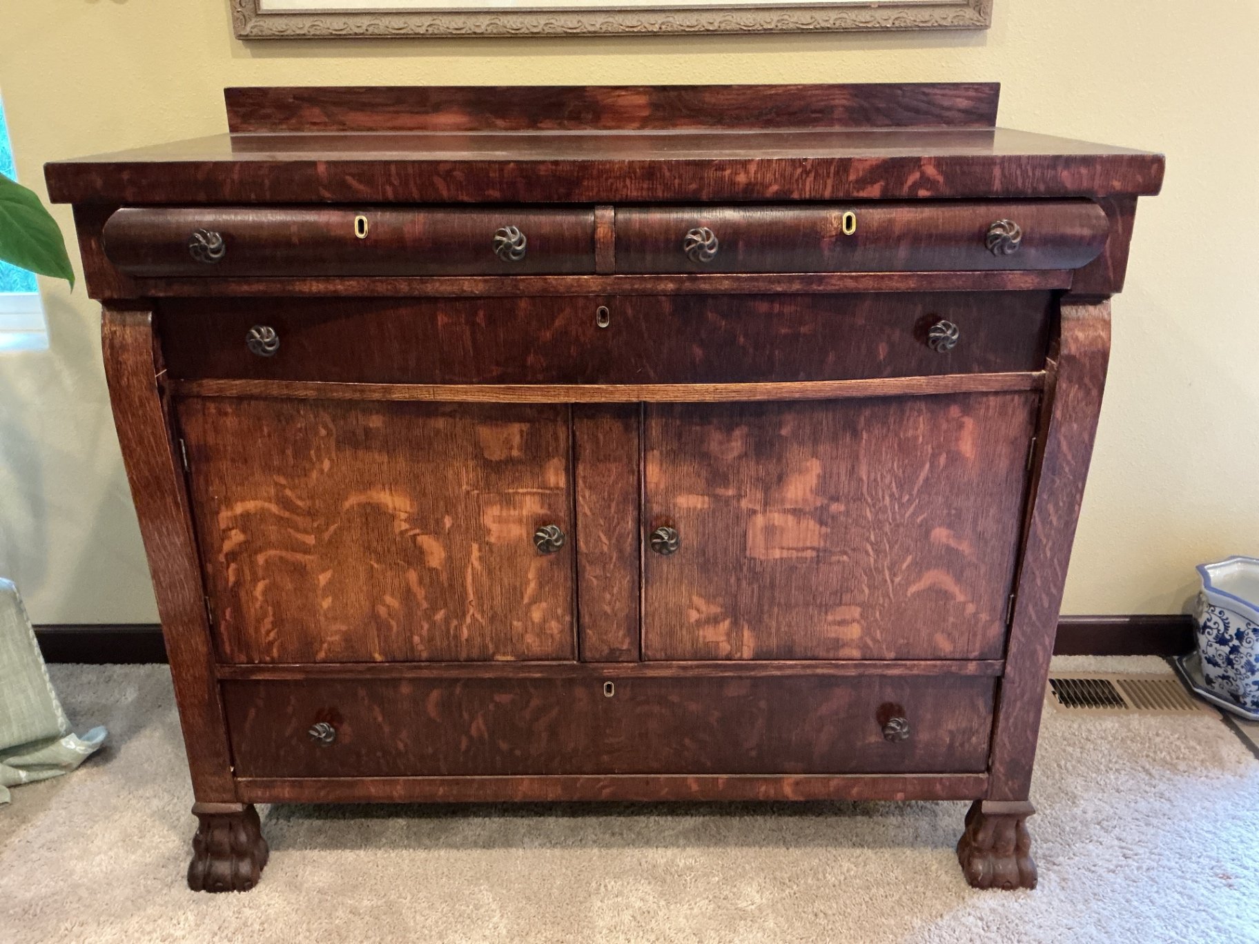 Antique dark wood sideboard with drawers and cabinets - image 1 of 7