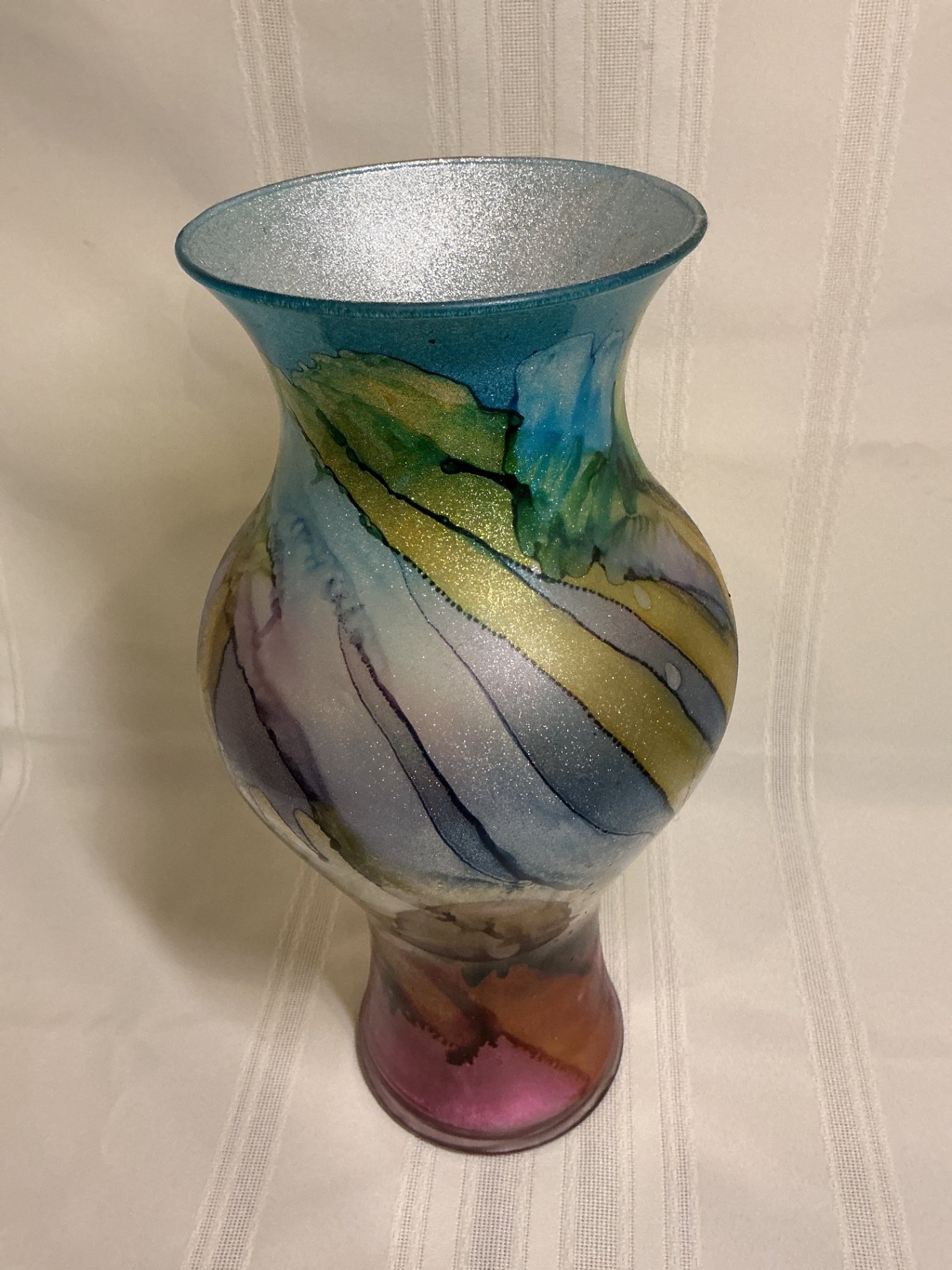 Hand blown multicolored art glass vase and iridescent ruffled bowl. - image 2 of 5