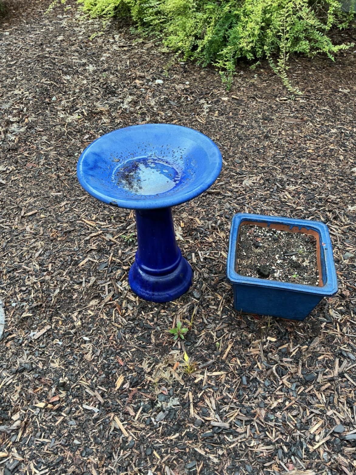 Blue ceramic birdbath with square planter - image 3 of 4