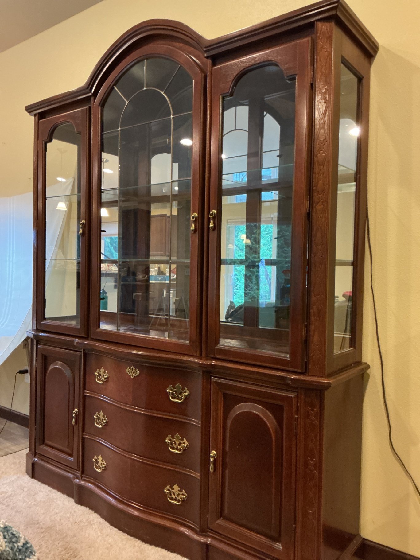 Dark wood china cabinet hutch with glass display and drawers - image 2 of 6