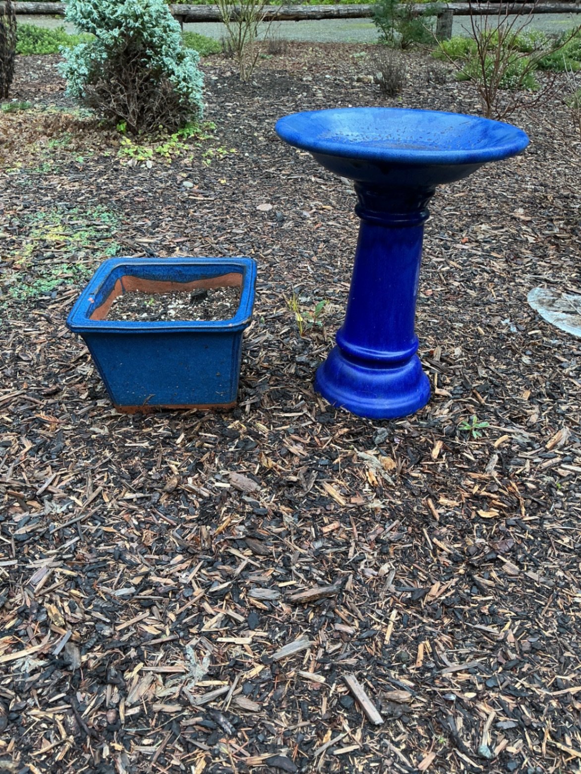 Blue ceramic birdbath with square planter - image 2 of 4